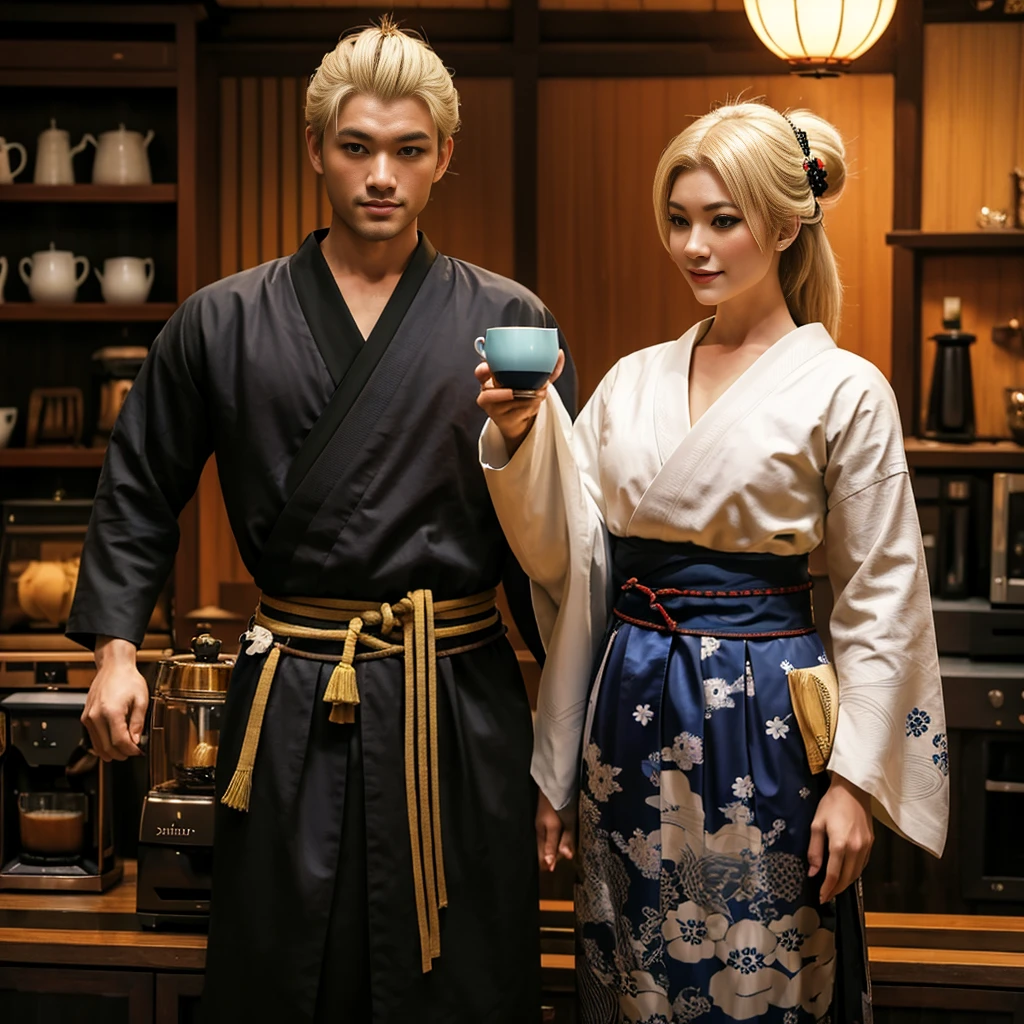 Samurai man and a happy nordic Geisha blonde with blue eyes, dancing, japonense ambience WITH A ANTIQUE COFFEE MACHINE, and cups of hot coffe. HD