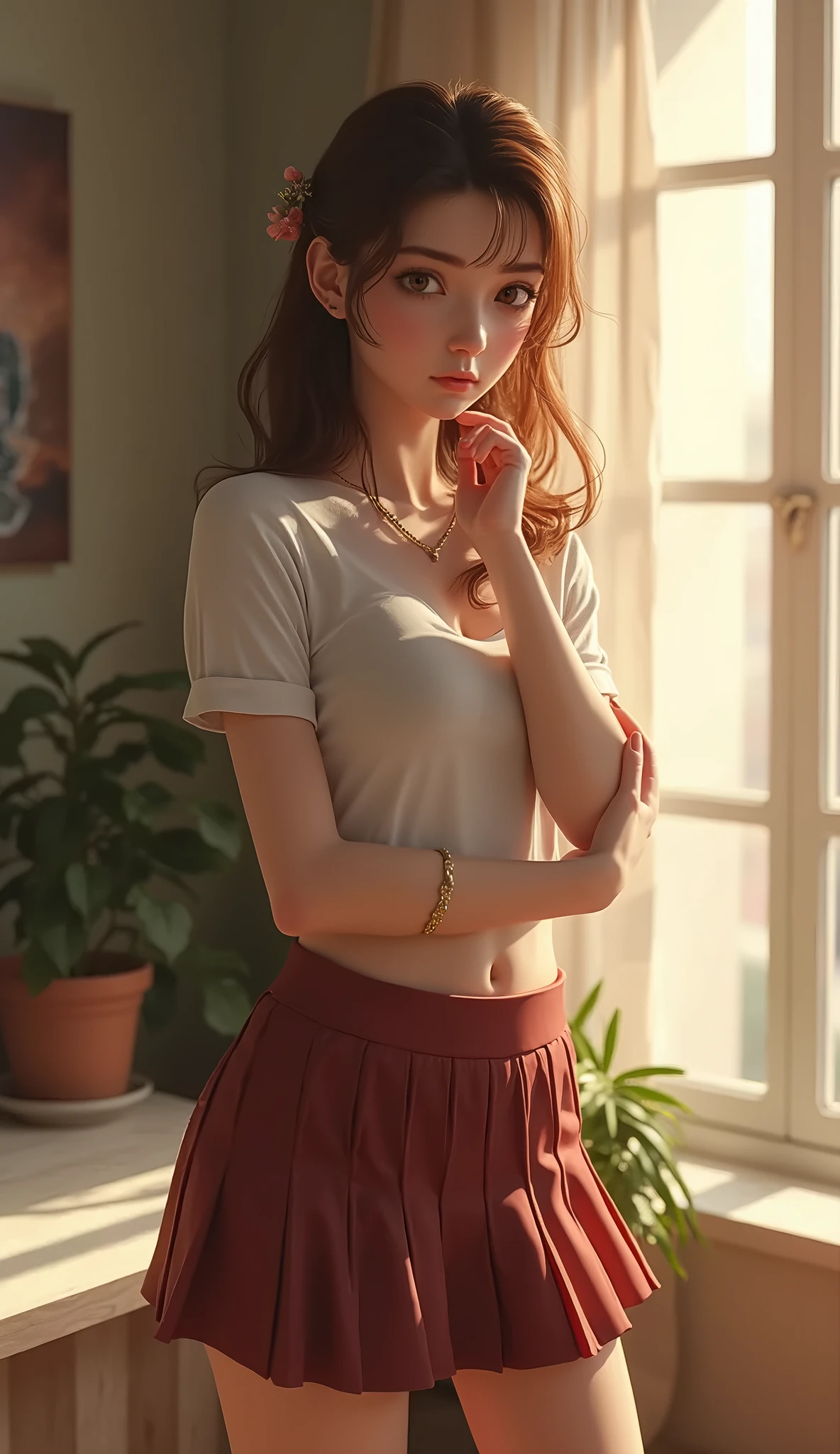 ((Night, Realistic Light, Best Quality, 8K, Masterpiece: 1.3)), 1girl, Slim Beauty: 1.4, Abs: 1.1, (Brown hair, Medium breasts: 1.3), Long pink sweater: 1.1, Bathroom, Super fine face, Delicate eyes, Double eyelids, smile, necklace