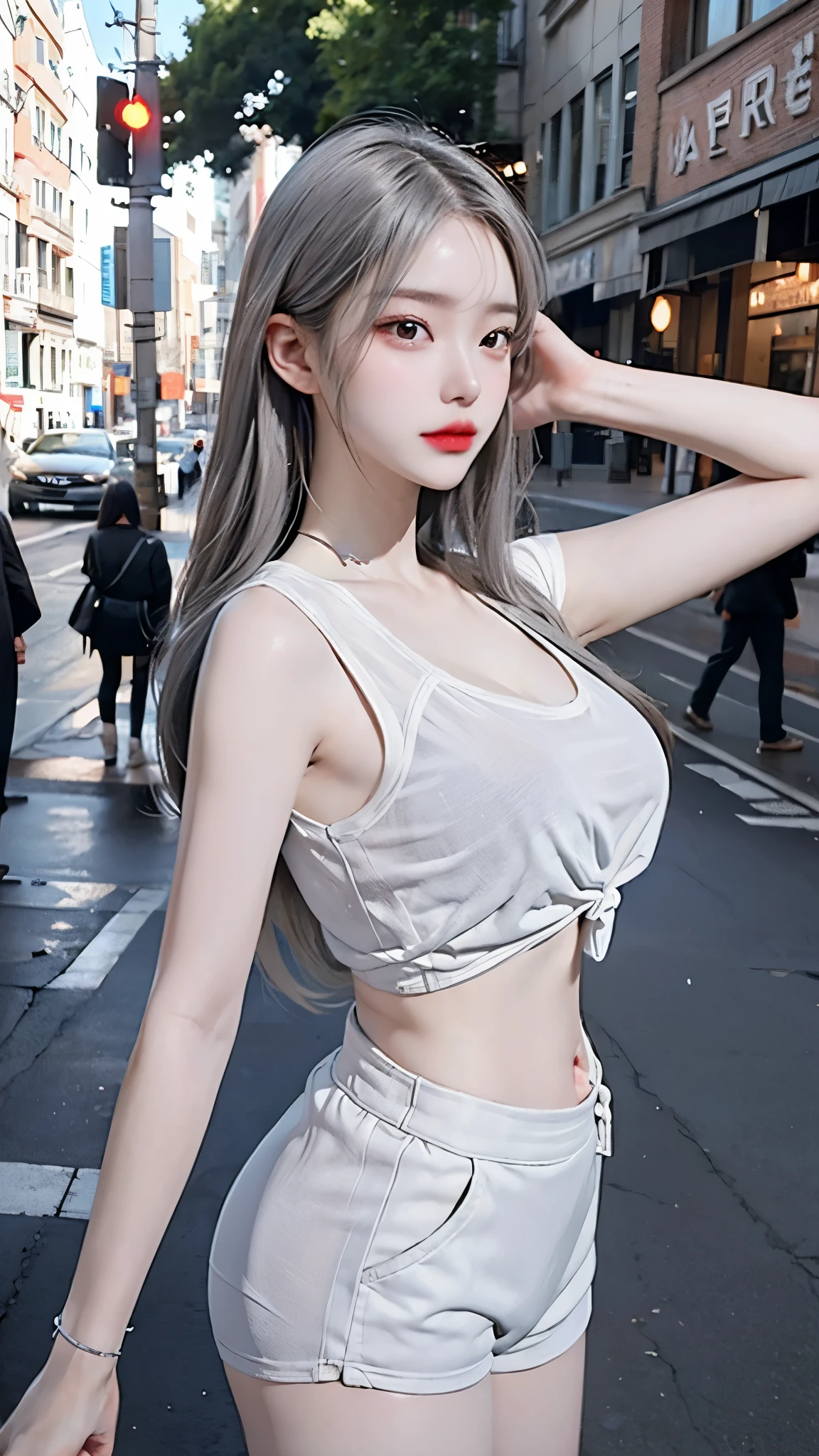 gauze，Lace，Lace连裤袜，高跟鞋Urban  beautiful  girl college student, masterpiece, Light makeup, Red lips, Silver Hair, Messy long hair, Street background,  beautiful , Elegant. Ultra-fine details,  owner's work ,  realistic texture, Movie Lighting Realism, Perfect work, 8K, HD,  exquisite facial features , （（（ white tight full wrap bra ）））,（（（ Black tight shorts）））, Slim waist ,  showing belly ,  for smooth skin,  belly tattoo 