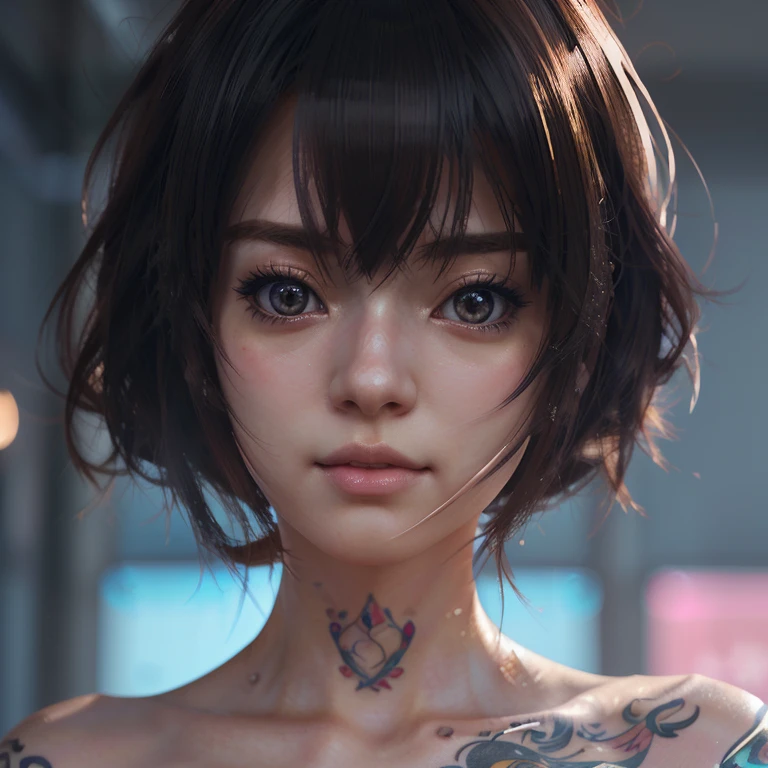 ((best quality)), ((masterpiece)), ((realistic)), (detailed), (1 girl) women, sweatshirt, tattoo on arm, portrait, asymmetrical bangs, bandaid, short hair, bangs, breasts, freckles, gray eyes, large breasts, looking at the viewer, tattoo on neck, piercing on nose, red hair, soil, tattoo on face, upper body, detailed background, city, alley, dark alley, portrait, hood on head, night,  angry, close, mouth shut, ((masterpiece)), absurdities