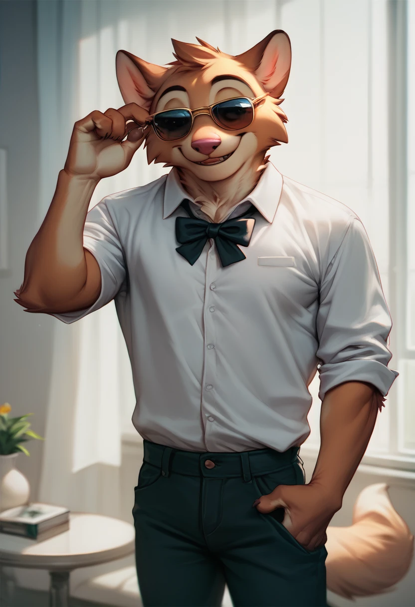 foreground ,Artistic, from a: man, Alone, furry, antromorfo, zorro, masculine, ADULT FACE,  Abdominals , with hairstyle (Pompadour),.. attire: Open white shirt,  dress pants Black, Black bow tie, and some sunglasses,.. bottom: Set, photo shoot, single white room,.. pose: Adjusting his glasses, (cara lateral, ladeado), smiling at the camera.