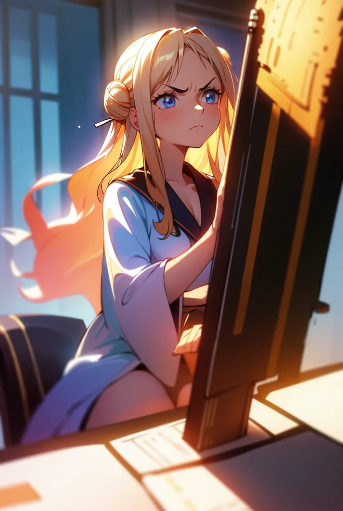 1 girl,  long hair ,  High resolution , breasts, Rice, blue eyes,  Fringe between the eyes, Backlighting, Necessary, HD model, Blonde hair, shiny hair,  Split Fringe, Light blush,  red lips , Sparkling eyes, shy, Vanishing point, brilliance, silhouette, Flowering, Scanlines, ANIME STYLE, anime, Illustration, excited, one piece, wavy hair, voluminous hair, Alone,  sitting on the chair , chair facing the table, resting elbows on the table, concentrated, desk,  design studio, Hair with bun, messy hair, drawing on the table ,  writing on the table ,  facing the window, books, flower vases,  lines of motion ,  drop shadow , side view, holding pencil, holding pen, looking at paper ,  looking at notebook, Closed mouth, Holding the mouth, frown, Textured skin, 