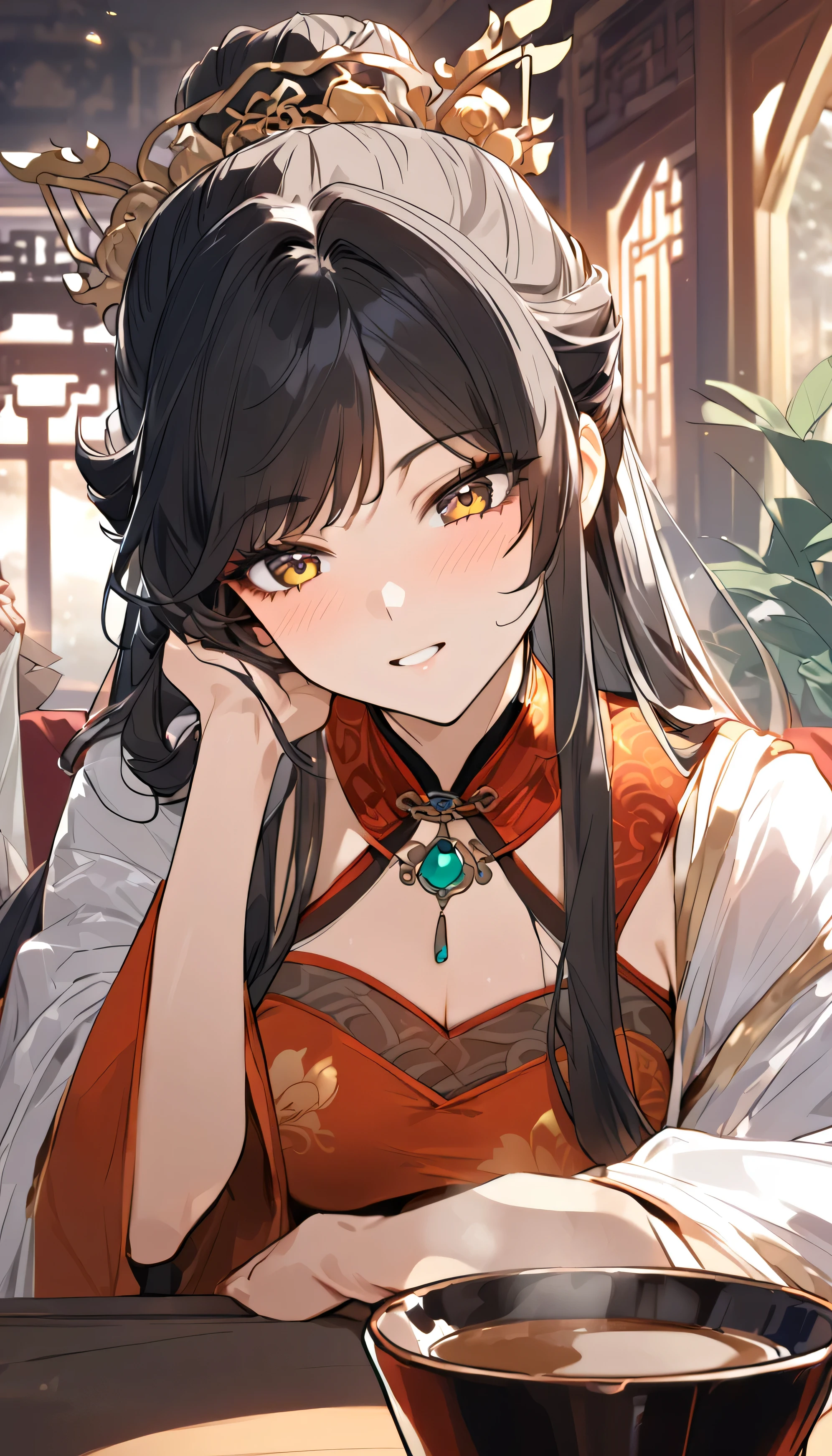 a close up of a woman sitting at a table with a cup of coffee, palace , a girl in hanfu, a young woman as genghis khan, beautiful oriental woman, chinese woman, chinese girl, chinese princess, an asian woman, a young asian woman, ancient chinese princess, asian woman, wearing ancient chinese clothes, traditional beauty, young asian girl, 8K, , look at viewer, best quality, detail, HD, high resolution, masterpiece, textured skin, low sparkle, low bloom, motion blur, cheeks flushed, anime, beautiful, simple art