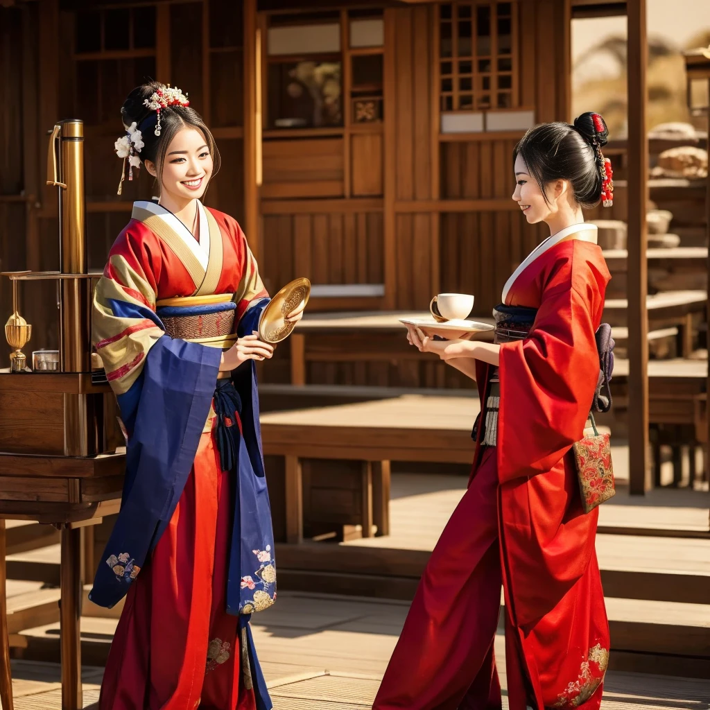 Samurai man and a happy Geisha, dancing, japonense ambience WITH A ANTIQUE COFFEE MACHINE, and cups of hot coffe. HD