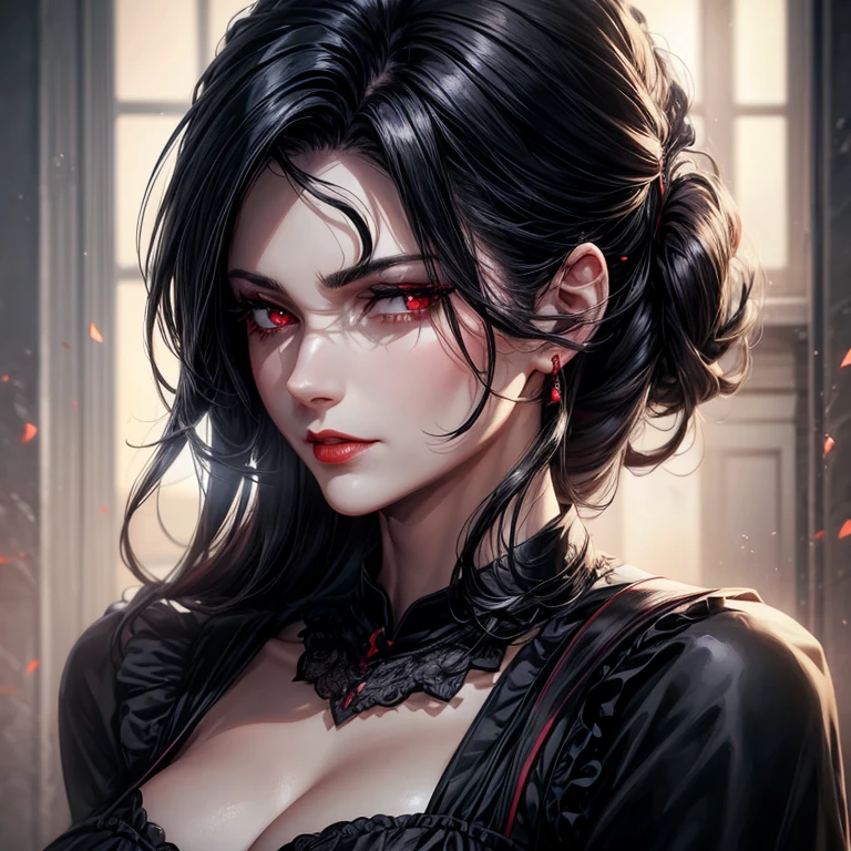 Create a art of a ultra high definition epic quality of a Attractive lip,vampire girl,Black dress,💋 💖, Beautiful fantasy art, Glitter jewelry and, Vampire 🧛♂️ teeth, cute, high quality, In the style of unreal engine 5 art