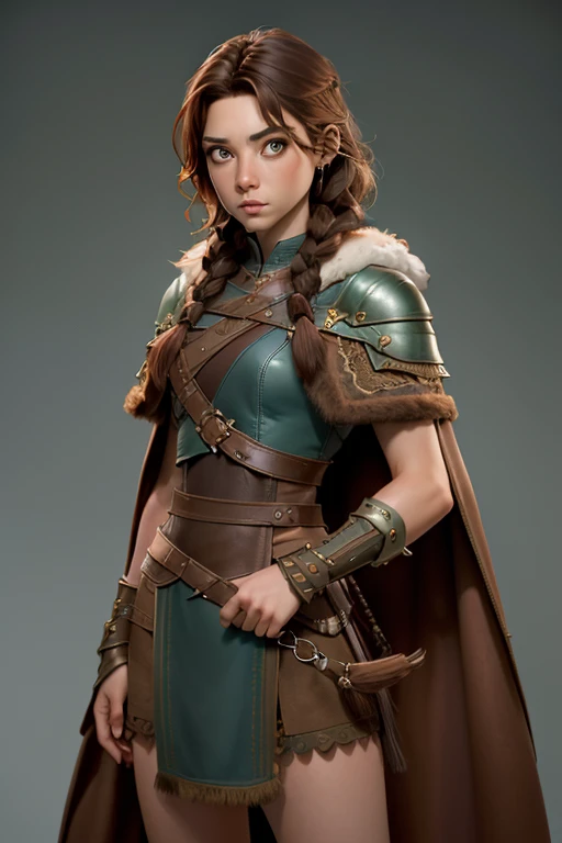 ( masterpiece, The best quality ) (young warrior woman of nordic descent), (green eyes), (fur skirt), (Brown hair color),(loose hair with small braids on the scalp), (leather strap top) feathers, cape over the shoulder, bufas, (blue, gray and brown suit).