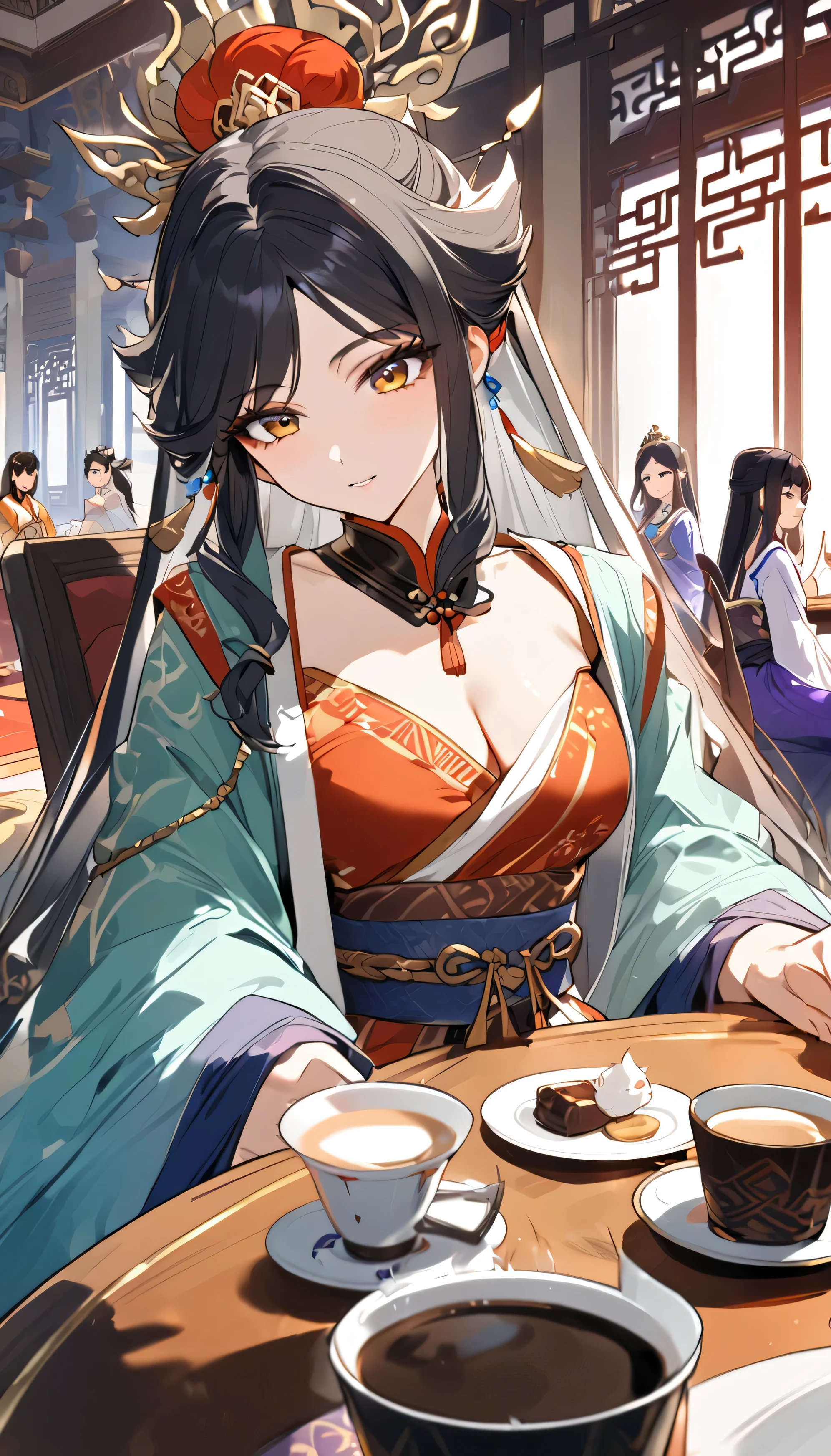 a close up of a woman sitting at a table with a cup of coffee, palace , a girl in hanfu, a young woman as genghis khan, beautiful oriental woman, chinese woman, chinese girl, chinese princess, an asian woman, a young asian woman, ancient chinese princess, asian woman, wearing ancient chinese clothes, traditional beauty, young asian girl, 8K, , look at viewer, best quality, detail, HD, high resolution, masterpiece, textured skin, low sparkle, low bloom, motion blur, cheeks flushed, anime, beautiful, simple art