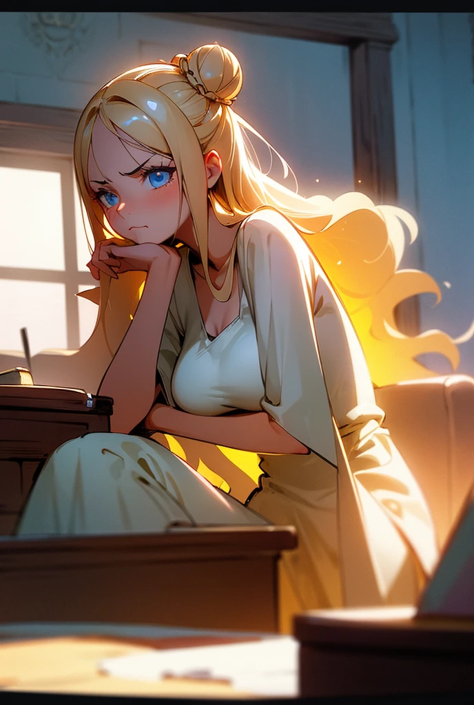 1 girl,  long hair ,  High resolution , breasts, Rice, blue eyes,  Fringe between the eyes, Backlighting, Necessary, HD model, Blonde hair, shiny hair,  Split Fringe, Light blush,  red lips , Sparkling eyes, shy, Vanishing point, brilliance, silhouette, Flowering, Scanlines, ANIME STYLE, anime, Illustration, excited, one piece, wavy hair, voluminous hair, Alone,  sitting on the chair , chair facing the table, resting elbows on the table, concentrated, desk,  design studio, Hair with bun, messy hair, drawing on the table ,  writing on the table ,  facing the window, books, flower vases,  lines of motion ,  drop shadow , side view, holding pencil, holding pen, looking at paper ,  looking at notebook, Closed mouth, Holding the mouth, frown, Textured skin, Pout, thinking, sigh, 