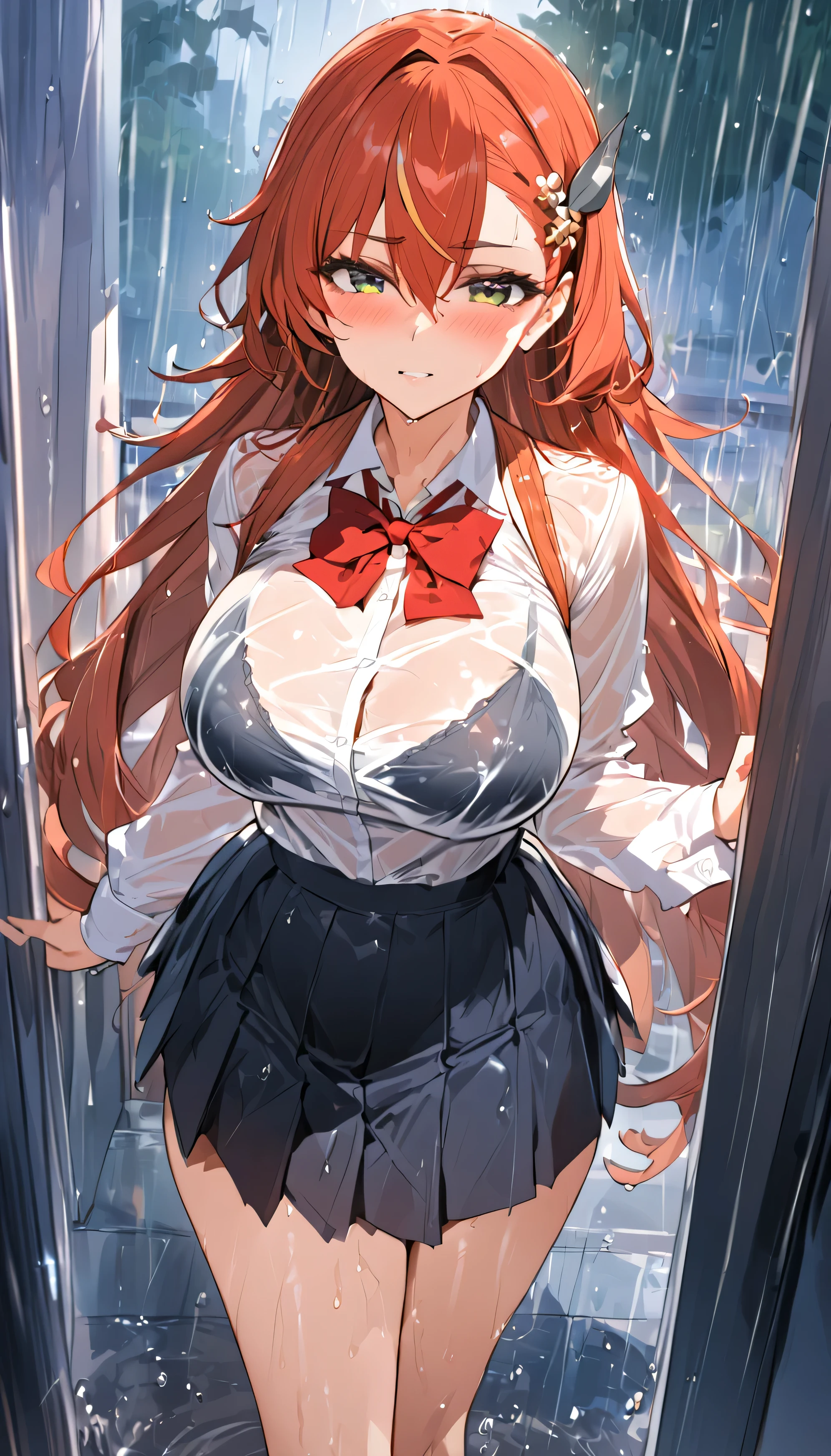 best quality, highres, absurdres, ultra-detailed, suzuya_(kancolle), 1girl, long_hair, skirt, solo, shirt, rain, wet_clothes, hair_ornament, wet, breasts, underwear, pleated_skirt, see-through, bowtie, red_bow, 8K, , look at viewer, best quality, detail, HD, high resolution, masterpiece, textured skin, low sparkle, low bloom, motion blur, cheeks flushed, anime, beautiful, simple art,