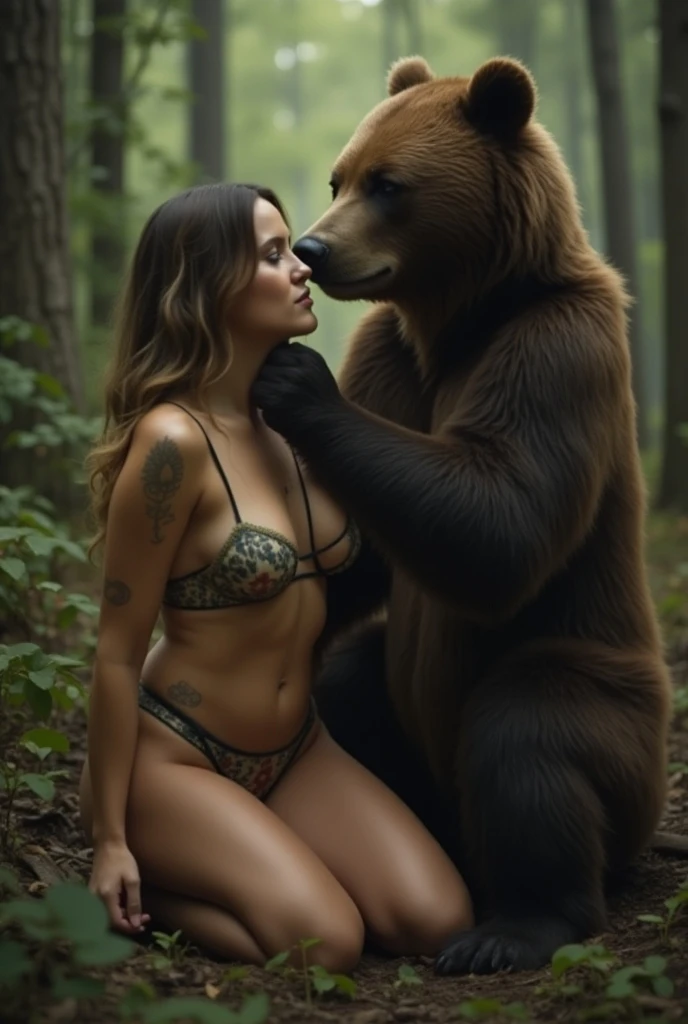 A low angle full body shot of a very beautiful naked woman with black hair riding a bear in a dense forest, with highly detailed textures of her hair and the bear's fur, a sense of mystic wilderness surrounding them, under the soft dappled light of the early morning sun filtering through the trees, shot with a Canon EOS-1D X Mark III, 50mm f/1.4 lens, vibrant colors emphasizing the contrast between the woman’s pale skin and the dark fur of the bear