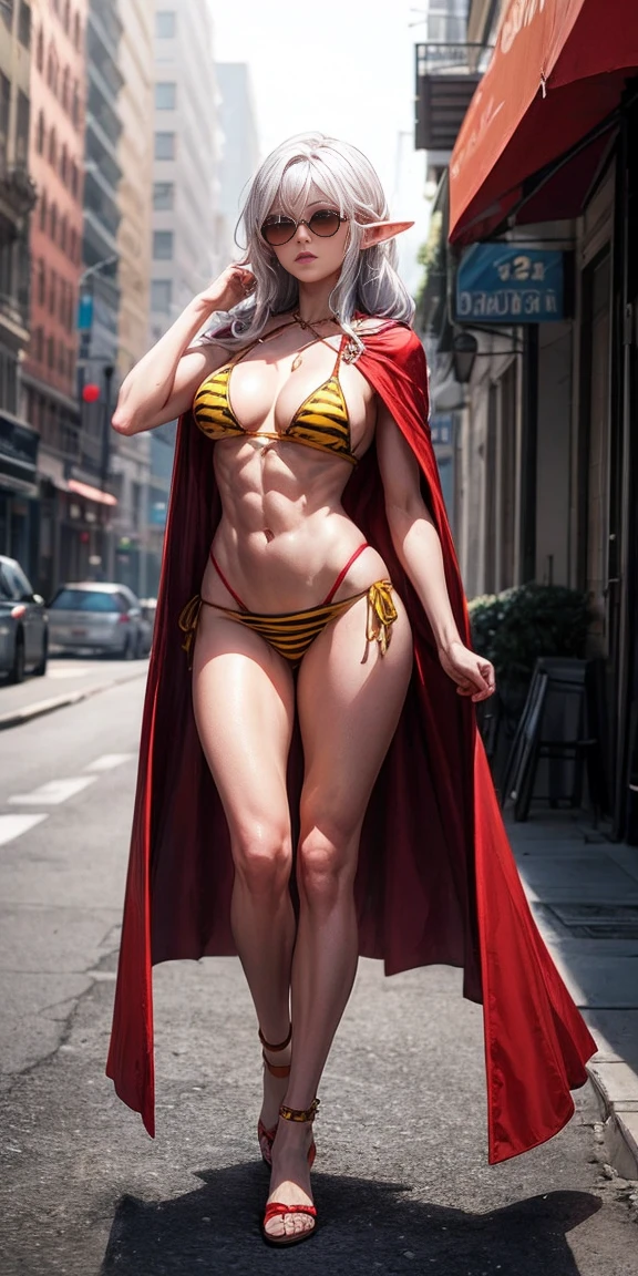 Full body, masterpiece, 1solofemale drow elf purple skin standing pose (yellow tiger bikini) red cape, red bikini, long white hair, strong body, abs, Ultra Quality, shiny skin, Atmospheric, 8K, Cinematic ((PLAIN WHITE background)) BREAK, sunglasses