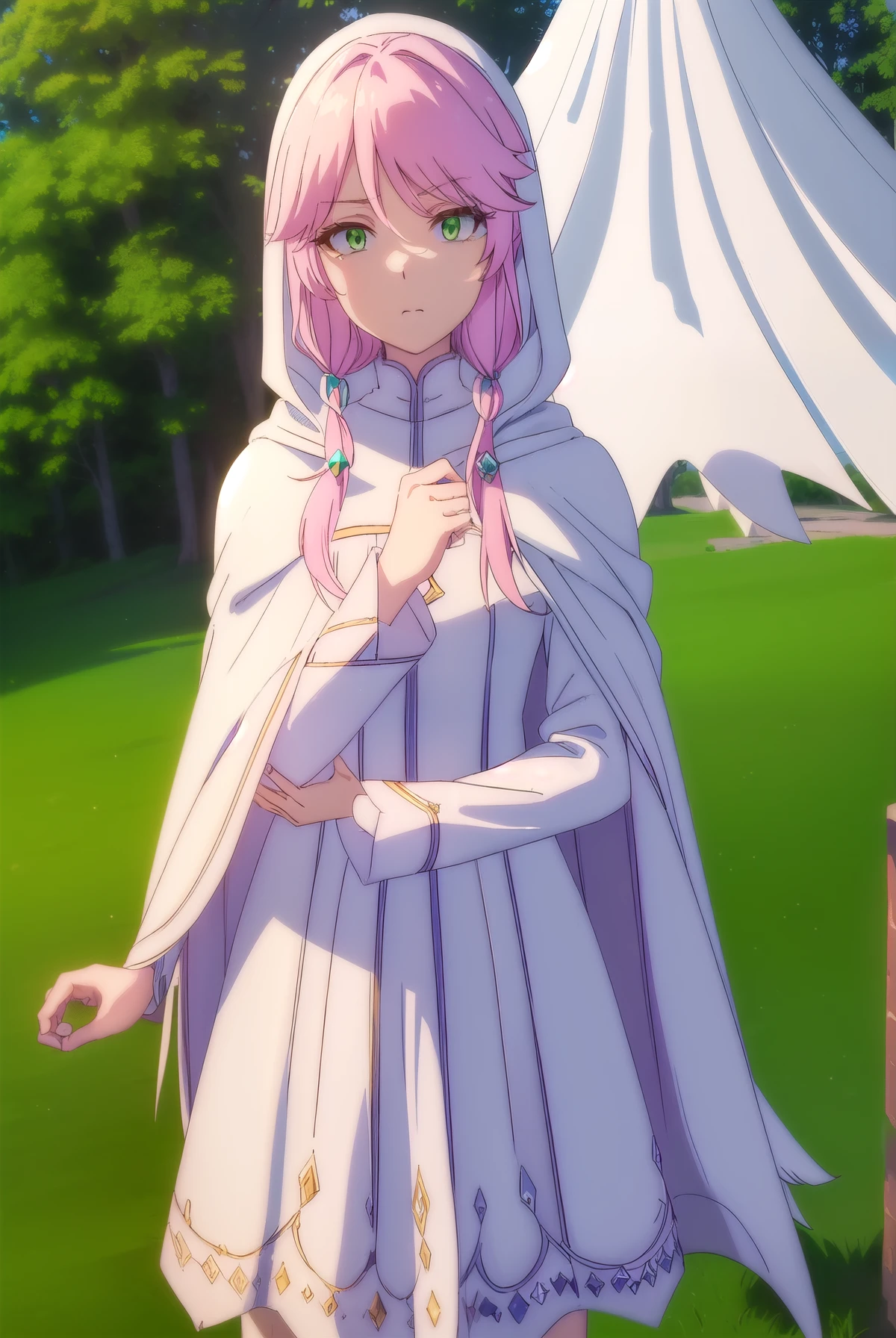  Fralgrande Gioral,  Georal Fire , Long hair, ( green eyes:1.5),  pink hair ,   hair between eyes , Frown, Angry, Open your mouth,
rest dress, ( white dress:1.5), Lysis, cape, (white cape:1.5), Turtleneck, skirt, 
rest outdoors, forest, Nature, Trees, Grass, sun, Sky, cloud,
rest looking at viewer, (Cowboy shooting:1.5),
rest (masterpiece:1.2),  best quality,  high resolution, Unity 8k Wallpaper, (illustration:0.8), (  beautiful eyes  :1.6),   Very detailed face ,  Perfect lighting, Extremely detailed CG, (Perfect hands,   Perfect Anatomy),