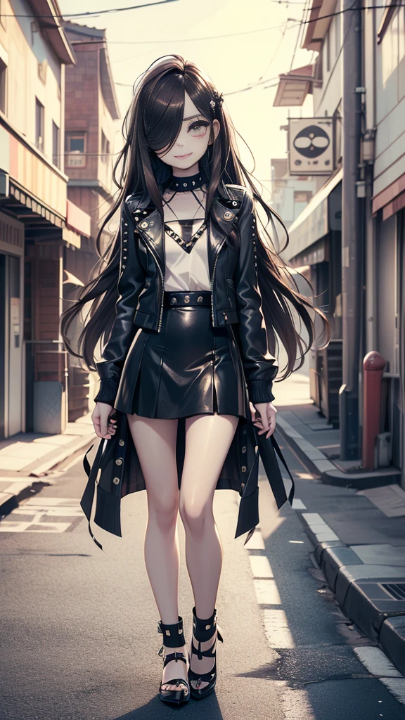 Very young girl with slim figure, full body shot, (round face: 1.2), very long messy dark brown hair, (big brown eyes: 1.2), shy smile, perfect flat chest, eyelashes, ariaum, (very long lock of hair between eyes: 1.3), wearing studded leather jacket and tulle skirt, dramatic make-up, summer street, old town, hair over one eye