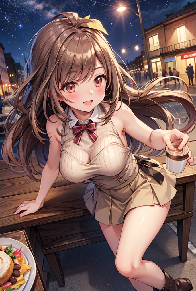  1 girl, solo,  High Resolution , Long Hair, (Large Breasts),  looks,  blushes, smile, Brown Hair, masterpiece, accurate,  anatomically correct,  Multiple Award Winners ,  detail,  high definition models, 高い detail, high quality,  very detailed , Retina,  textured skin,  ultra-fine, whole body, Italian cityscape, Black sweater,  beige miniskirt, Brown long boots, Italian cafe , autumn, night, Starry Sky, Terrace seats, Cooking on the desk,  sit on a chair,  brown eyes , smile, Open your mouth,Accentuate your lower body,  Knee-High Socks , holding a coffee cup, Panty shot, Pink underwear, Spread your legs,