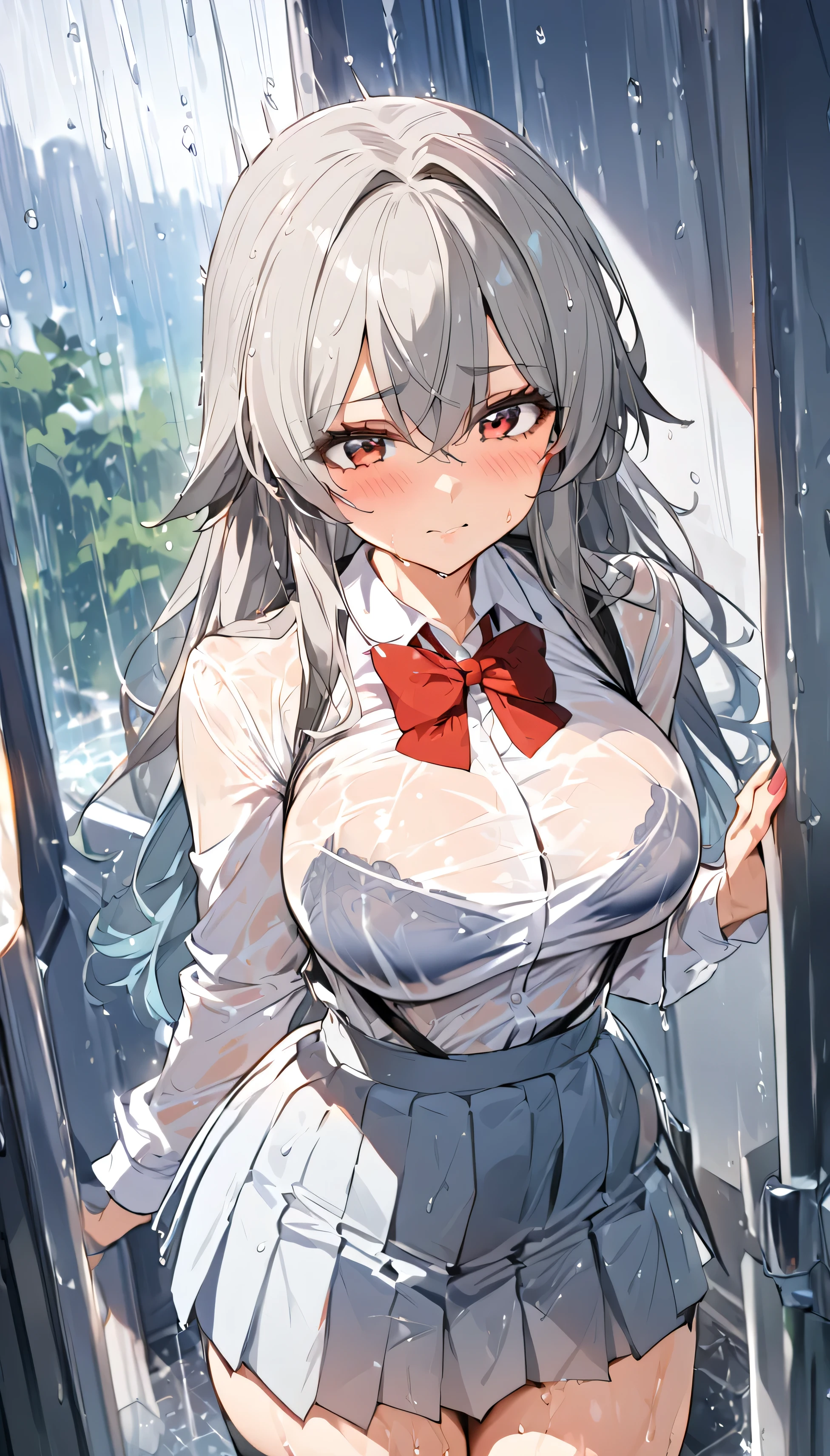 1girl,alone,saki Kawasaki,masterpiece, (best quality: 1.3), 8K, wallpaper, depth of field, beautiful detailed eyes, (1 girl, ponytail, ponytail, (wet clothes, transparent: 1.2), (white shirt), wet, closed mouth, smile, cityscape, (gray sky, rain:1.3), medium breasts, (plaid skirt), looking at viewer), medium breasts, wide hips, wide thighs