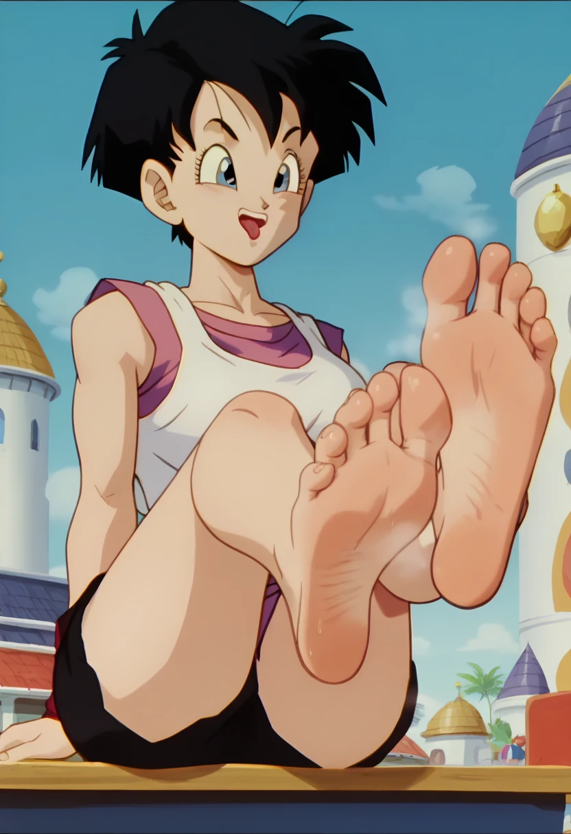 source_animé, puntaje_9, puntaje_8_arriba, puntaje_7_arriba, animé screencap,8k, absurdo res, Videl, 1 girl, solo, black hair, short hair, sleeveless dress, barefoot, soles, feet, toes, feet focus, sitting on bench, floor, building, outdoors, big breasts, wide hips, seductive smile, seductive look, feet up, legs up, blue eyes, tongue out, steaming feet, open mouth, black shorts,