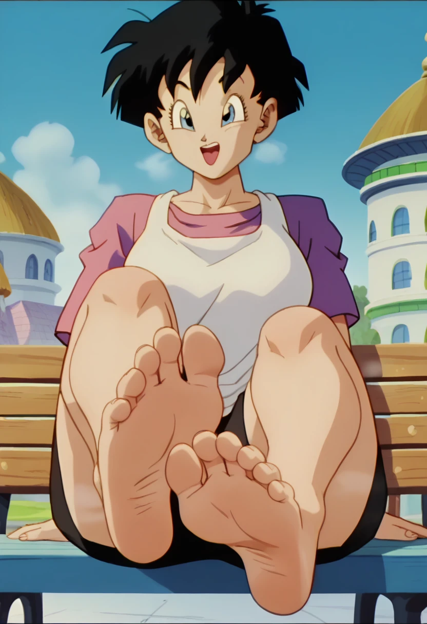 source_animé, puntaje_9, puntaje_8_arriba, puntaje_7_arriba, animé screencap,8k, absurdo res, Videl, 1 girl, solo, black hair, short hair, sleeveless dress, barefoot, soles, feet, toes, feet focus, sitting on bench, floor, building, outdoors, big breasts, wide hips, seductive smile, seductive look, feet up, legs up, blue eyes, tongue out, steaming feet, open mouth, black shorts,