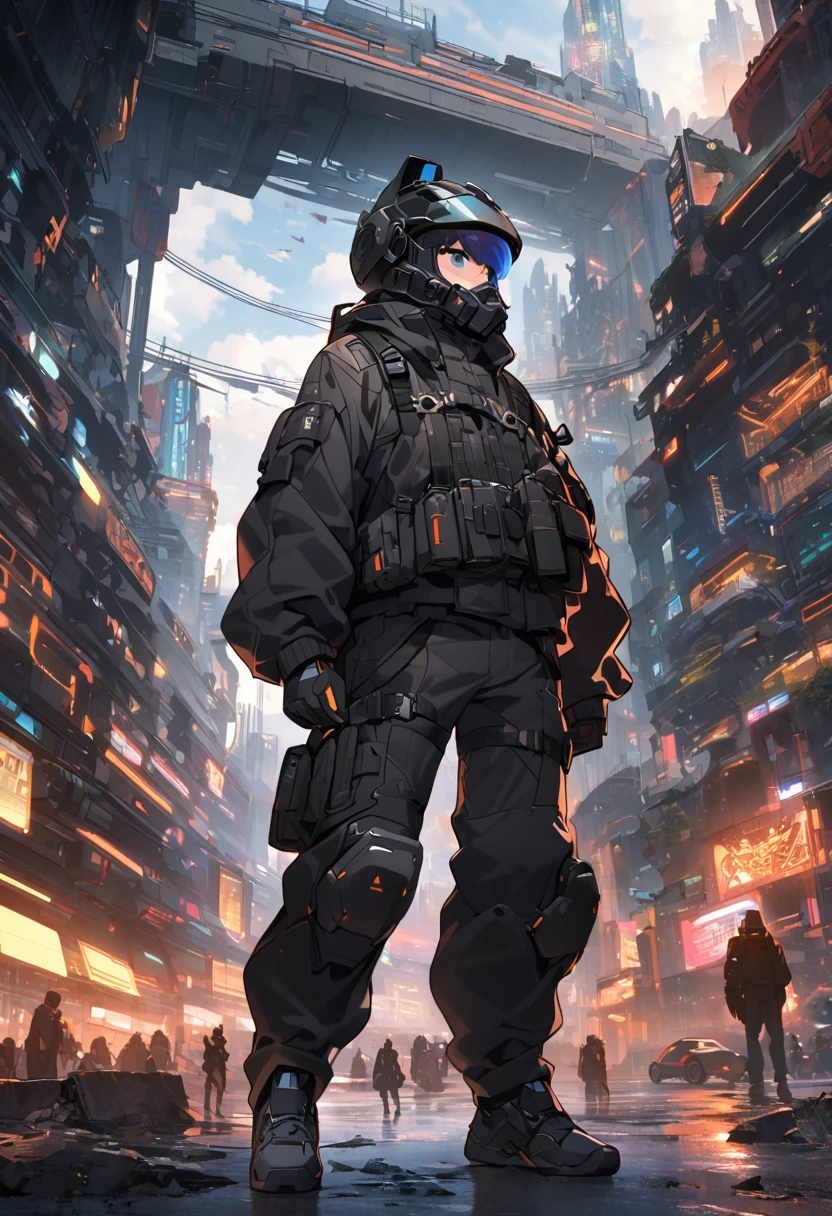  A teenager dressed in a black high-tech suit, black jacket,  high-tech tactical helmet , sci-fi city, full body shot, hero character design 