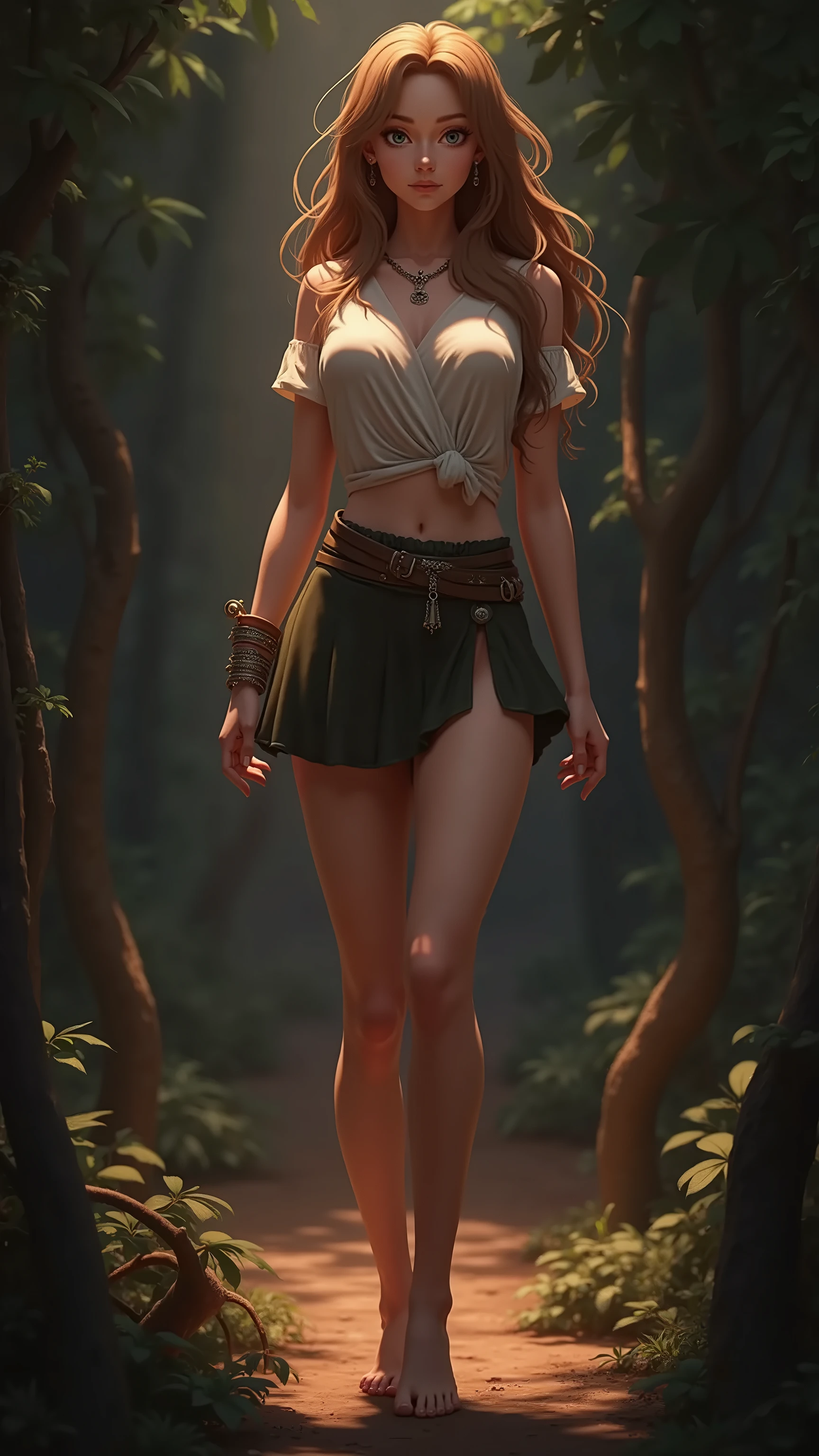 Lucy Lawless, completely naked, young, beautiful, large breasts, tall, standing in a forest, back view, dark brown braided hair, big smile, full body, rear view, head to toe, full light on face, photorealistic, High resolution