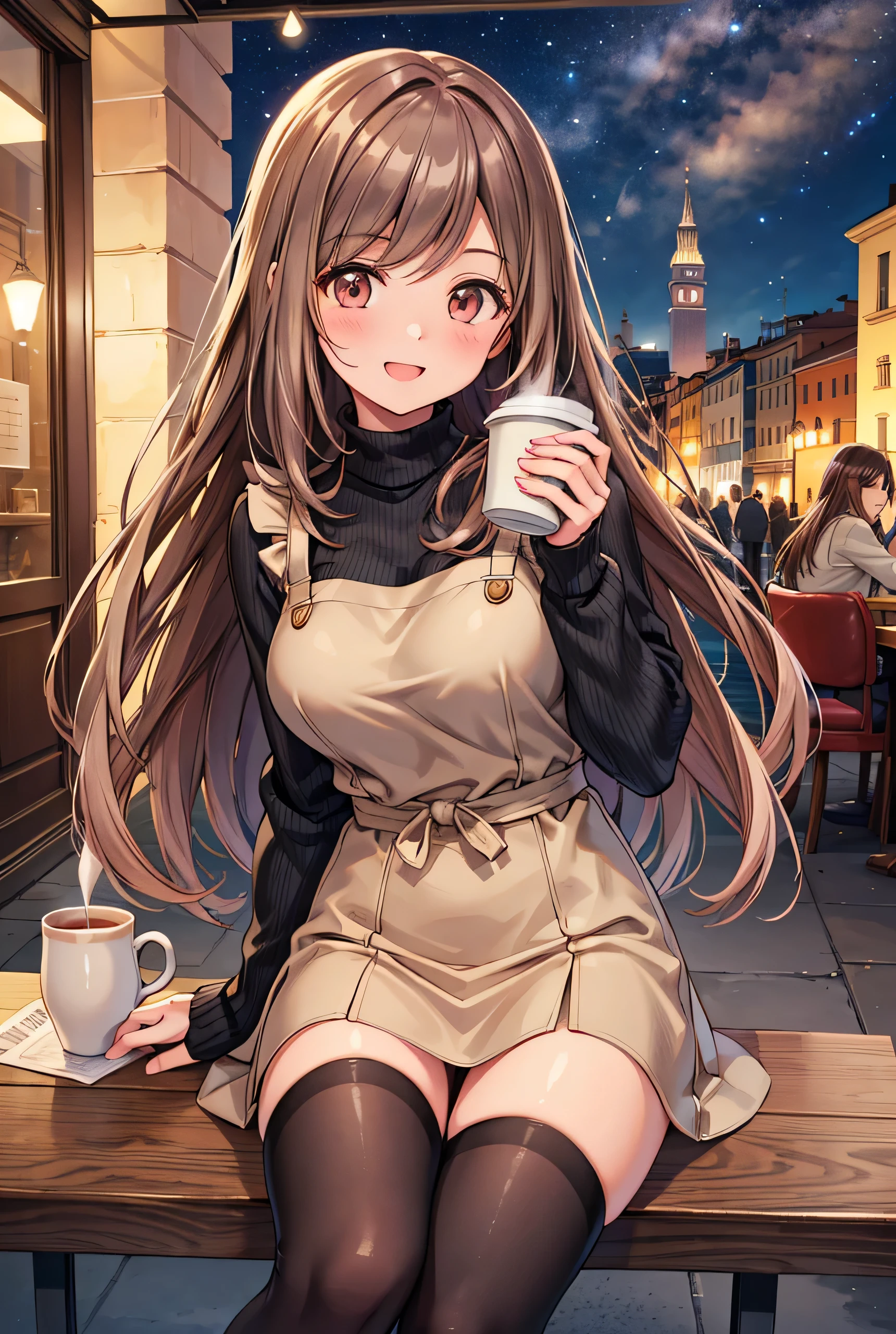  1 girl, solo,  High Resolution , Long Hair, (Large Breasts),  looks,  blushes, smile, Brown Hair, masterpiece, accurate,  anatomically correct,  Multiple Award Winners ,  detail,  high definition models, 高い detail, high quality,  very detailed , Retina,  textured skin,  ultra-fine, whole body, Italian cityscape, Black sweater,  beige miniskirt, Brown long boots, Italian cafe , autumn, night, Starry Sky, Terrace seats, Cooking on the desk,  sit on a chair,  brown eyes , smile, Open your mouth,Accentuate your lower body,  Knee-High Socks , holding a coffee cup, Panty shot, Pink underwear, Spread your legs,