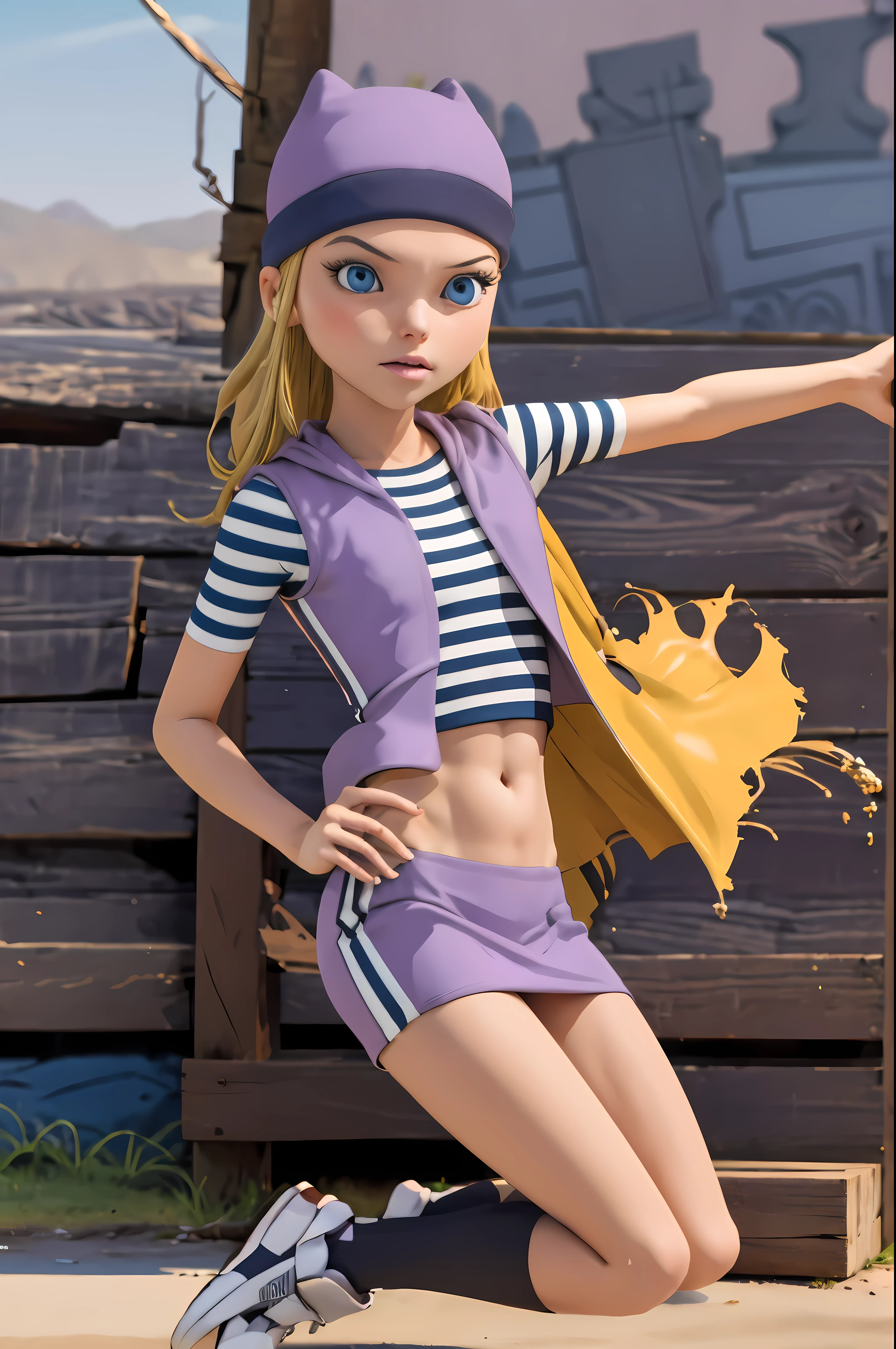 (8k, RAW photo, best quality, masterpiece:1.2), (intricate details), highres, perfect eyes, perfect face, perfect lighting, beautiful, (masterpiece:1.2), (best quality:1.2), 1girl, solo, chloe, blue eyes, blonde, purple beanie, sunglasses on the head, purple vest, purple miniskirt, blue white striped shirt, long purple socks, purple vest, striped shirt, navel shirt, sneakers