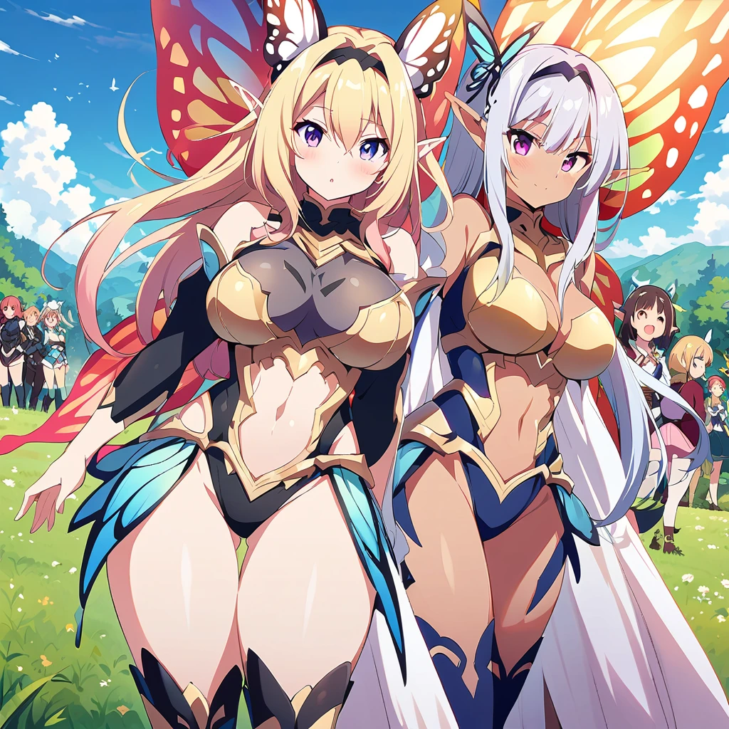 Anime, fairy girls, elf's ears, butterfly's wings, body-armor, detailed body-armors, curvy body, multiple girls,  girls surrounding