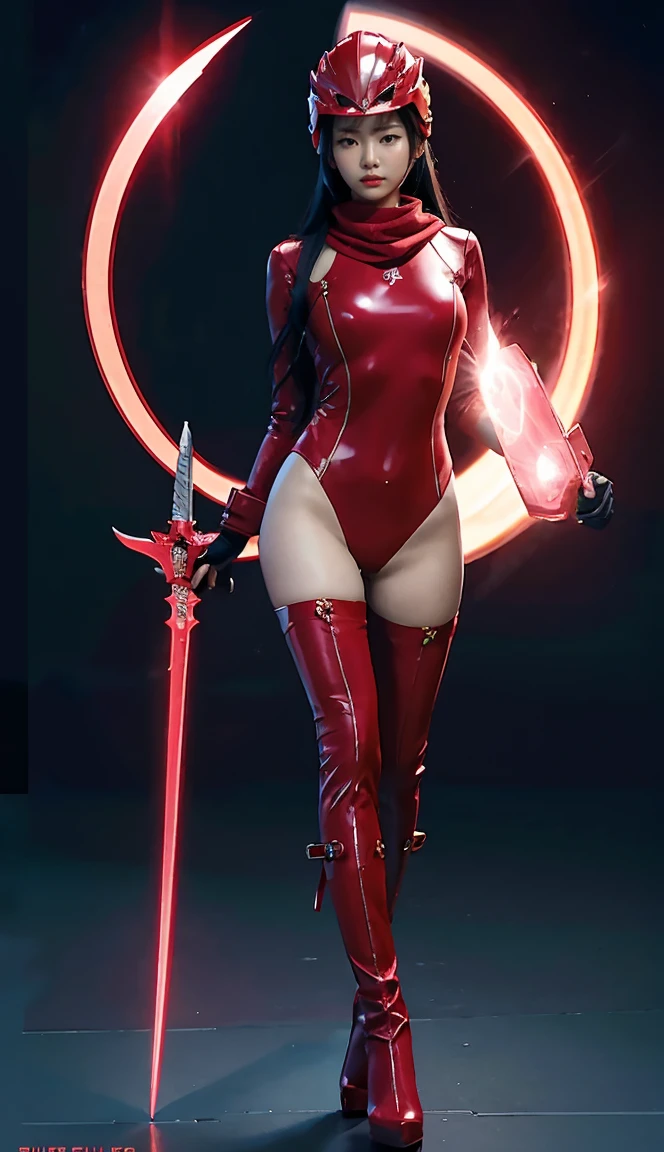 Accurate 、Full Body Photo 、Standing in her full height from head to toe 、Studio background 、 Ning Ning from Aespa 、Wearing a super tight ruby coloured zero suit 、Ruby zero boots 、Holding a double glowing dagger、Ruby helmet 、Ruby red scarf.