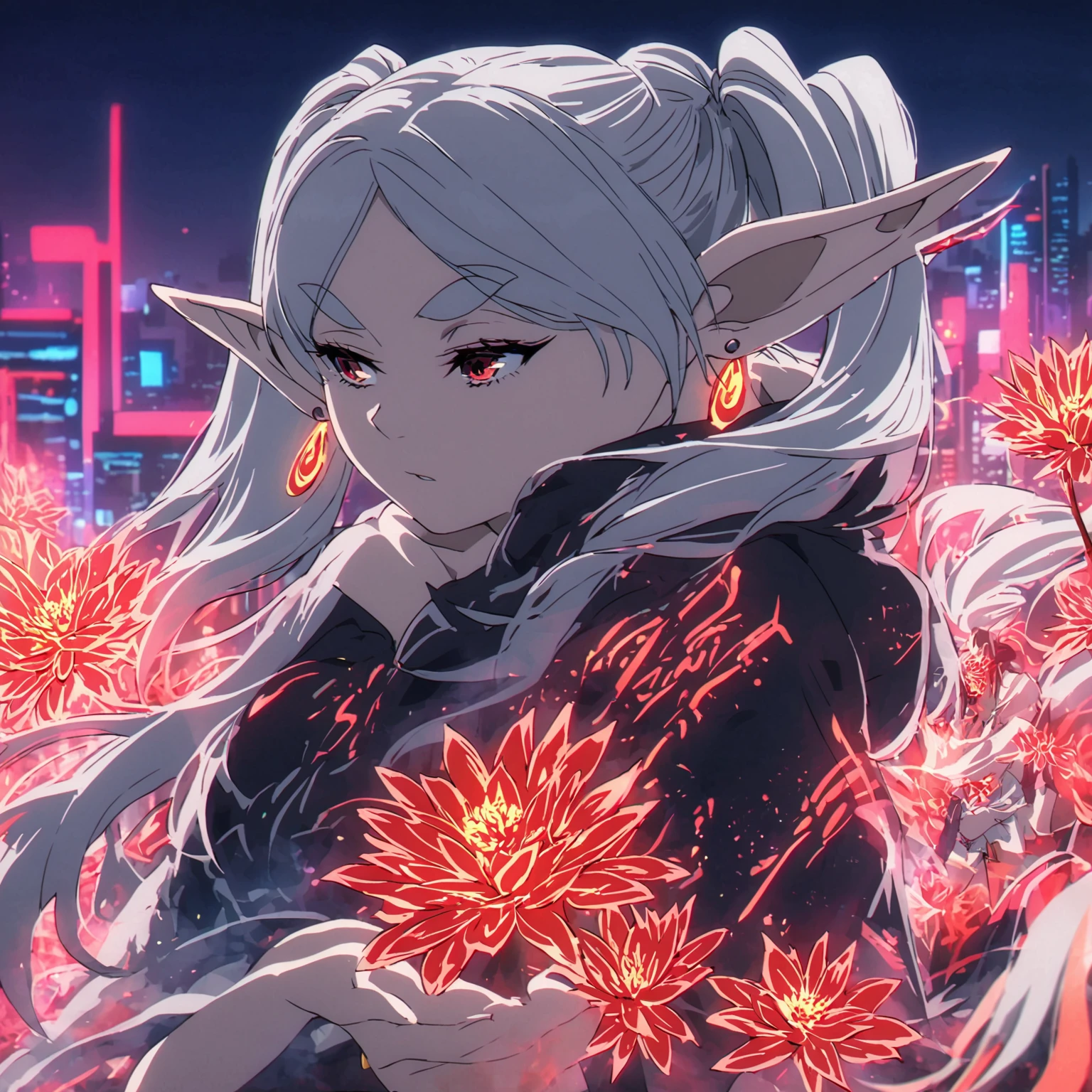 against the backdrop of the night city( red neon colors, haze in the sky), young woman ((freeze, pointy ears, elf, earrings, twintails, parted bangs, grey hair, thick eyebrows), (magic in hand (fire flower)))