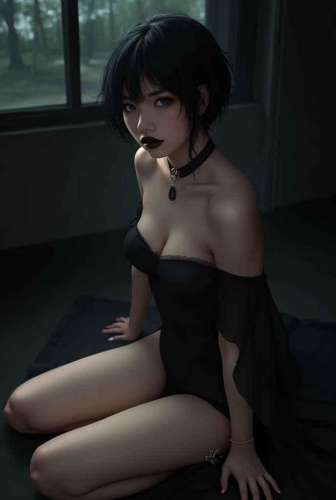 ((pale skin)), ((white skin)), brunette 11 year old girl, with long hair, with blue eyes, ((goth)), naked, defined muscles, six-pack abs, ((black lipstick)), black fishnet shirt, black choker, black fishnet stockings, black combat boots