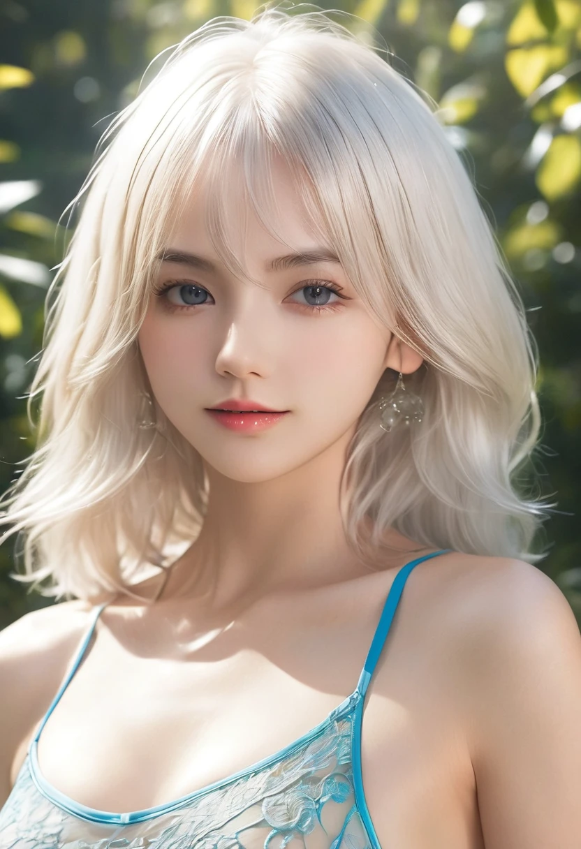 (hyperrealistic), (illustration), (high resolution), (8K), (extremely detailed), (best illustration), (beautiful detailed eyes), (best quality), (ultra-detailed), (masterpiece), (wallpaper), (photorealistic), (natural light), (rim lighting), (detailed face), high detailed realistic skin texture, anatomically correct, solo, 1girl, (high detailed realistic short hair), (white hair:1.3), (heterochromic eyes), (detailed green eyes), (small moles under the eyes), (realistic huge breasts:1.3), (cleavage), (bare shoulders), (long legs), (tight abs), (dynamic pose), (closed lips:1.3), (sheer navy swimsuit), (see-through transparent swimsuit), (full body), (squating),