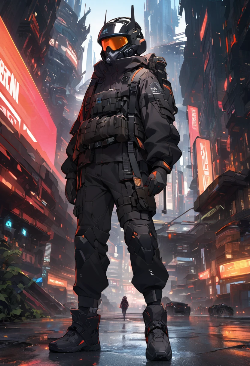  A little teenage girl dressed in a high-tech red and black suit, black jacket,  high-tech tactical helmet , sci-fi city, full body shot, little heroine character design 