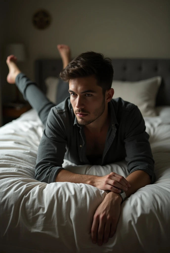 a 20 years old male, wearing black underwear, big bulge, black sheer socks, lying down , masculine pose