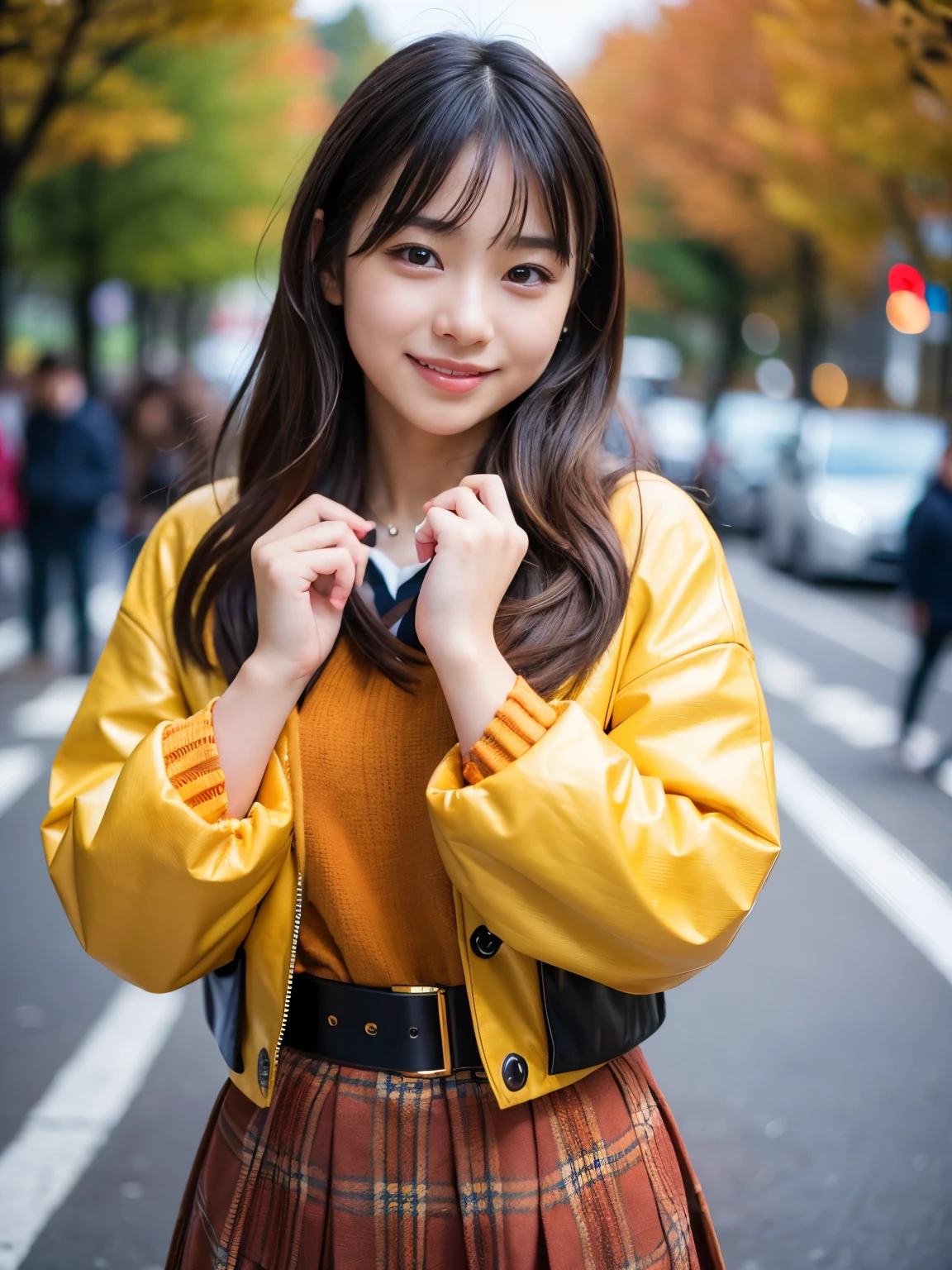 In 8K,highest quality:1.4, 超A high resolution:1.5, (realistic:1.4),masterpiece:1.2,(highest quality:1.4)、 Raw photo、 (background is blurry),  1 Japanese girl, cute, (alone:1.4), (はにかんだsmile), smooth skin、 (brown medium hair,bangs),Nogizaka,supple fingertips,beautiful black eyes、dual、natural skin texture:1.3, Realistic eye and face details:1.7、medium breasts、daytime、tight ass:1.5、look at the audience,The camera is３ｍbackwards, Hilarious,(maid:1.2),bow,long sleeve, black sleeves,(black plaid long tights:1.5),maidの頭飾り,maid apronl,cafeteria,Upper body:1.8,(thin hair:1.1), (fine eyes:1.1)、smile