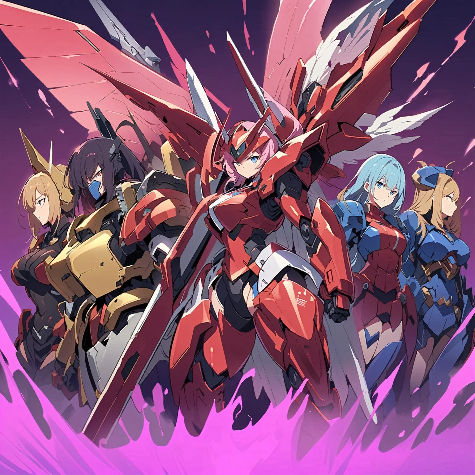 Anime, high detailed, multiple womans, mature womans, shiny-like mecha armor, large mechanical wings, large Gauntlet, serious, curvy body, long mechanical wings, mecha weapons、Colored armors、magenta Colored aura、BLUE Eyes, elongated pupils,  Mature Woman、magenta aura、womans surrounding, background a crumbled city