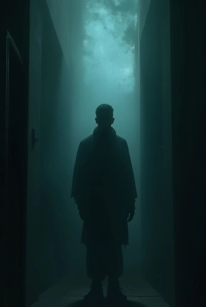"In a dark and eerie atmosphere, a person stands alone in an unknown place. From behind, a ghostly or terrifying creature with glowing eyes appears to be watching them. Shadows seem to wrap around them, and the details of the creature are highlighted in a faint light, adding a strong sense of fear and anticipation.