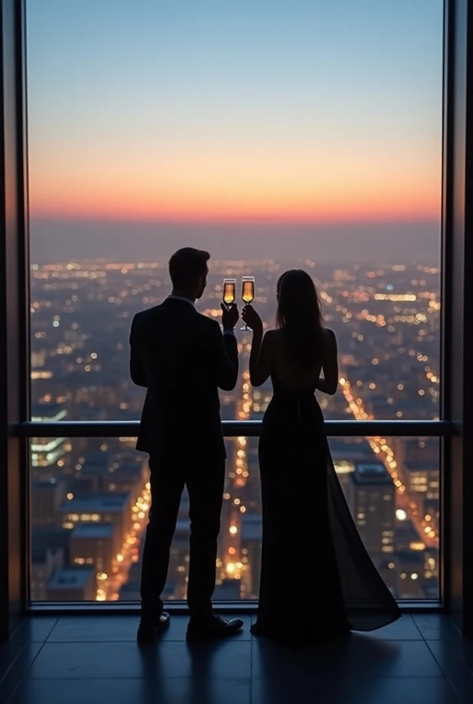 A wealthy couple enjoys a luxurious lifestyle in a lavish modern penthouse overlooking a city skyline. The man is dressed in a tailored suit, and the woman wears an elegant designer dress with diamond jewelry. They stand on a large terrace with an infinity pool, sipping champagne. The surroundings are opulent, with sleek, contemporary furniture, expensive art pieces, and a private helicopter parked on a nearby helipad. The city lights twinkle in the background, highlighting their sophisticated and extravagant lifestyle."