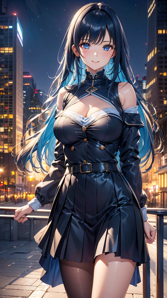 1 girl, dark blue hair, messy hair, long hair, light yellow eyes, small eyes, mature face, dropping eyes, big breasts, cameltoe, blurry background, erect nipples, blush, smile, earrings, ((pubic hair)), skirt lift, light smile, black high heel, tall statue, night, see-through, no panties, light makeup, full body, very short pleated miniskirt, pencil skirt, police uniform, garter belt, skyscrapers, taxi, police officer cap, fishnet tights, gloves, ((pussy juice)), city lights, light particles, arms behind back, bashful