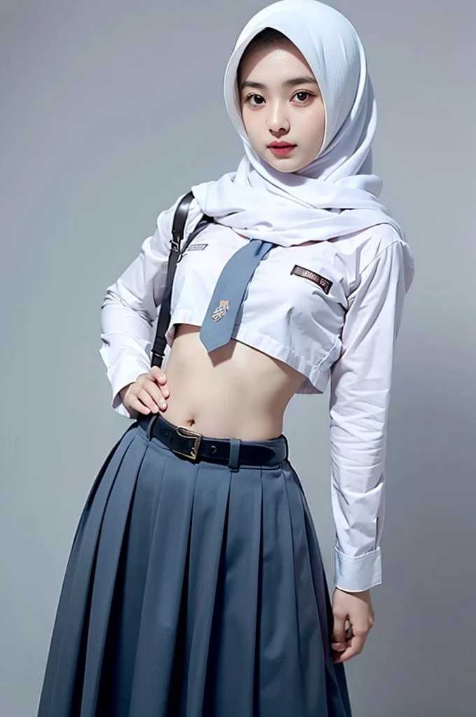 (((Ultra-HD-quality-details))) , school girl wearing hijab (Hijabi) , Long Sleeve Buttoned Crop Navel Uniform ,indistinct. ,pale skin, belt under the hips ,Long skirt ,both hands on hips ,(8k resolusion)