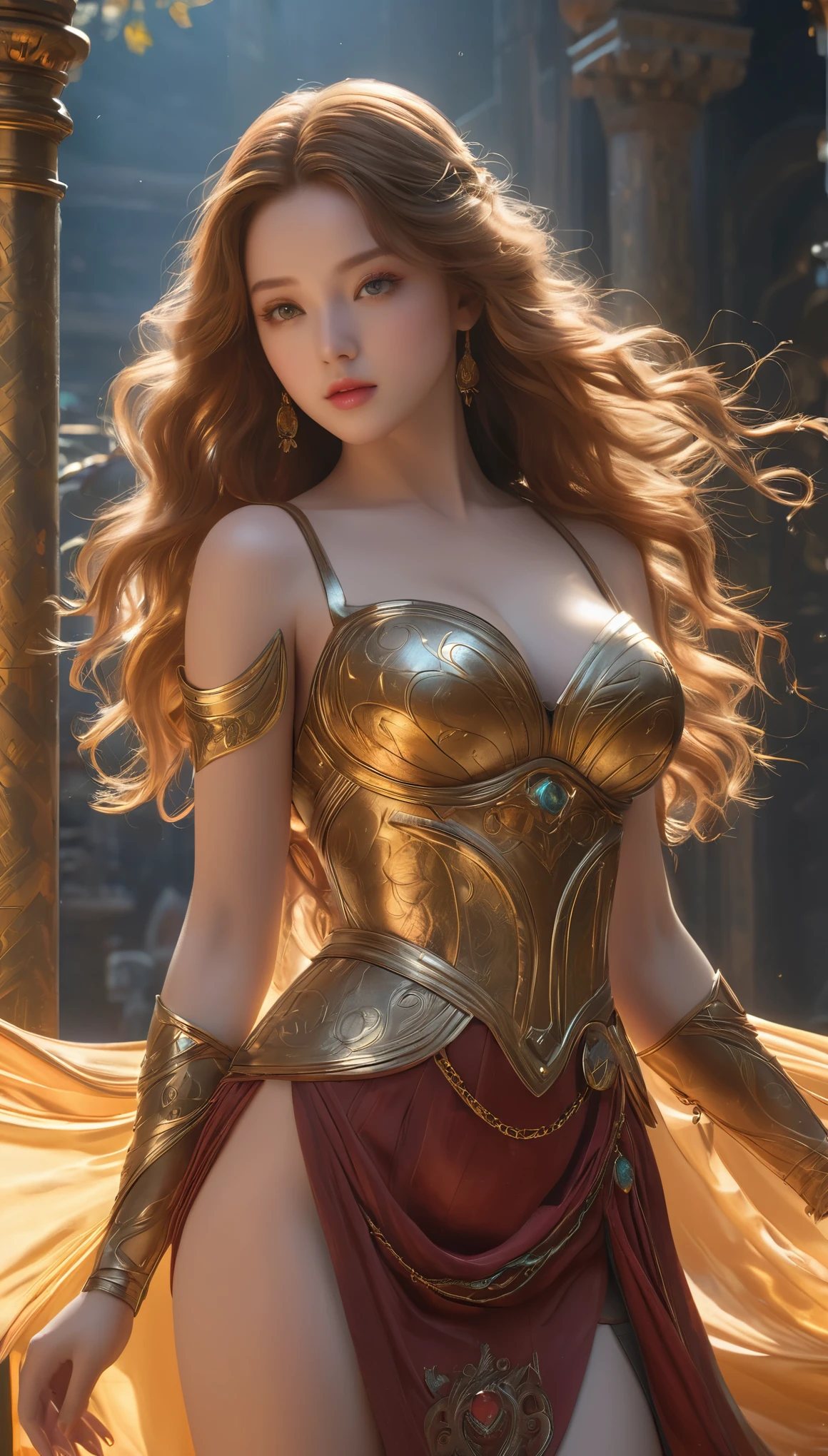 Race ：Anglo-Saxon，Full body shot，Masterpieces，masterpiece，8k， HD quality，CG，CG character style ，Super realistic anime style，3d modeling realism 0.8，Full body shot，Photographed the golden ratio of the thighs ， golden ratio body ， long legs，Big eyes，Real 0 .8，skirt，Short sleeve，，The picture is somewhere between reality and animation, Trending in CGSTATION, Perfect Girl,, role play,，Aesthetic style， Delicate picture quality ， Very beautiful ，Extreme details，The screen is clear and beautiful，The eyes are very bright，Cute face,  realistic skin ,  dramatic lighting , Super realistic, wallpaper,  intricate,  clear focus, Ray Tracing, RTX,  professional color grading , Professional Photography, masterpiece,  super detailed , High quality,  best quality, 4K, 8k , Skin Indentation, Fascinating light，Ancient fashion ， Inside the world of Western mythology，Full figure， in a mythical world，The picture is dark ， has a nice light on the character，Huge breasts，The cold 