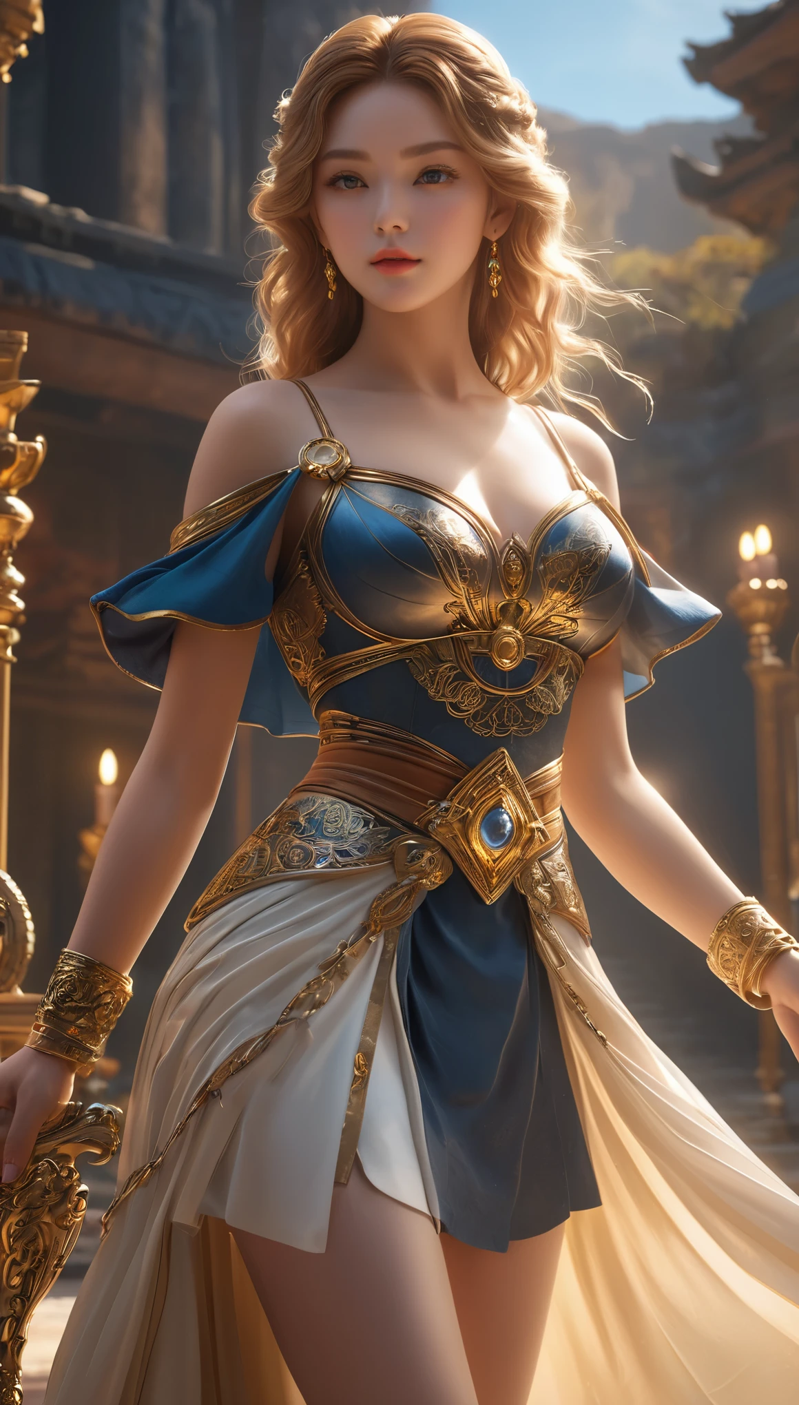 Race ：Anglo-Saxon，Full body shot，Masterpieces，masterpiece，8k， HD quality，CG，CG character style ，Super realistic anime style，3d modeling realism 0.8，Full body shot，Photographed the golden ratio of the thighs ， golden ratio body ， long legs，Big eyes，Real 0 .8，skirt，Short sleeve，，The picture is somewhere between reality and animation, Trending in CGSTATION, Perfect Girl,, role play,，Aesthetic style， Delicate picture quality ， Very beautiful ，Extreme details，The screen is clear and beautiful，The eyes are very bright，Cute face,  realistic skin ,  dramatic lighting , Super realistic, wallpaper,  intricate,  clear focus, Ray Tracing, RTX,  professional color grading , Professional Photography, masterpiece,  super detailed , High quality,  best quality, 4K, 8k , Skin Indentation, Fascinating light，Ancient fashion ， Inside the world of Western mythology，Full figure， in a mythical world，The picture is dark ， has a nice light on the character，Huge breasts，The cold 