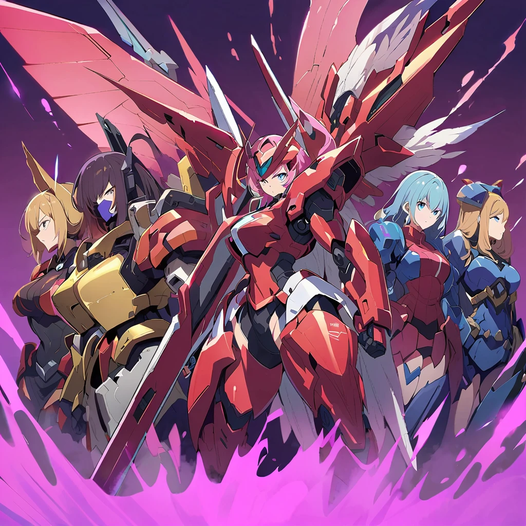 Anime, high detailed, multiple womans, mature womans, shiny-like mecha armor, large mechanical wings, large Gauntlet, serious, curvy body, long mechanical wings, mecha weapons、Colored armors、magenta Colored aura、BLUE Eyes, elongated pupils,  Mature Woman、magenta aura、womans surrounding, background a crumbled city