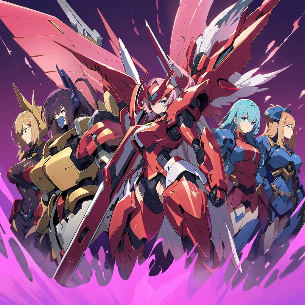 Anime, high detailed, multiple womans, mature womans, shiny-like mecha armor, large mechanical wings, large Gauntlet, serious, curvy body, long mechanical wings, mecha weapons、Colored armors、magenta Colored aura、BLUE Eyes, elongated pupils,  Mature Woman、magenta aura、womans surrounding, background a crumbled city