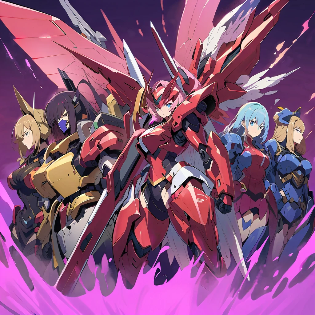 Anime, high detailed, multiple womans, mature womans, shiny-like mecha armor, large mechanical wings, large Gauntlet, serious, curvy body, long mechanical wings, mecha weapons、Colored armors、magenta Colored aura、BLUE Eyes, elongated pupils,  Mature Woman、magenta aura、womans surrounding, background a crumbled city