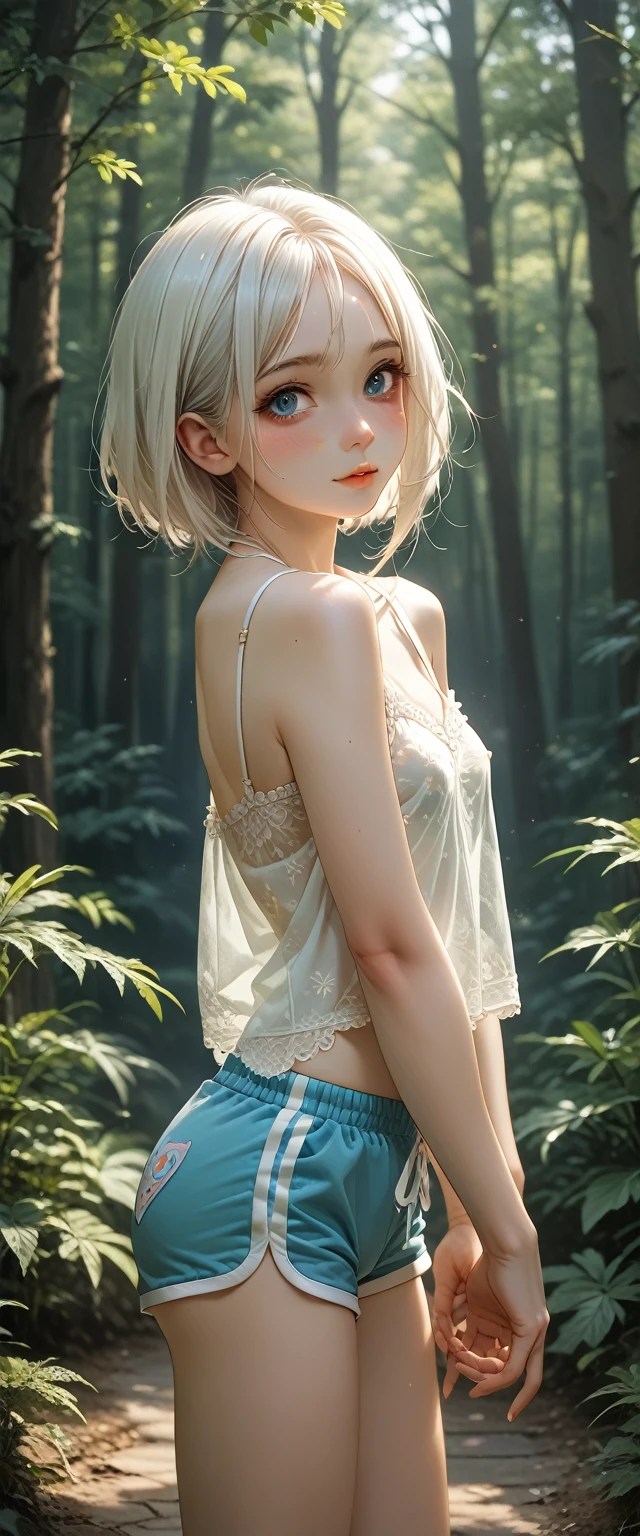 1 girl white hair blue eyes slim and fit, ite young lady, small perky breasts wearing a highly revealing and alluring low-cut sheer lace camisole and dolphin shorts, sweet and alluring innocent blushing cute face, angelic and lovely young lady, magical forest background, dappled sunlit forest floor