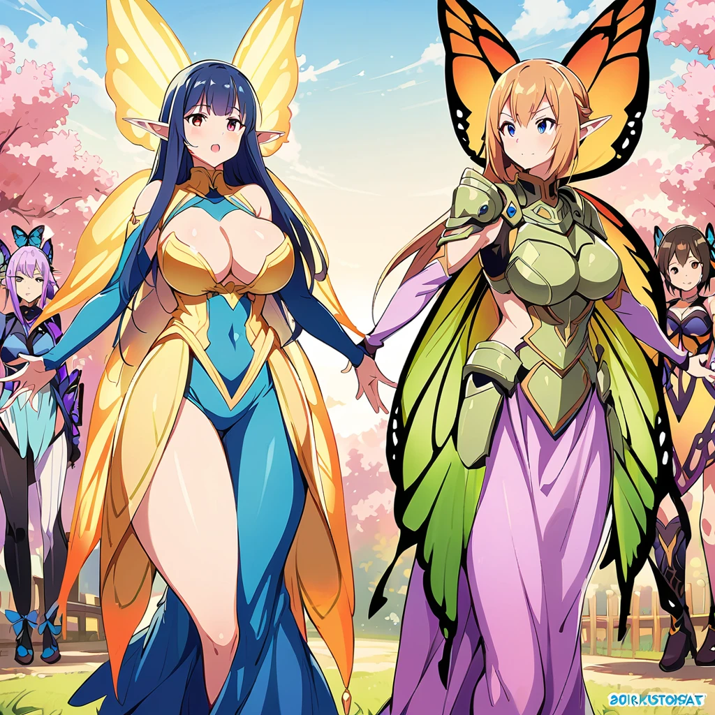 Anime, fairy girls, elf's ears, butterfly's wings, body-armor, detailed body-armors, curvy body, multiple girls,  girls surrounding