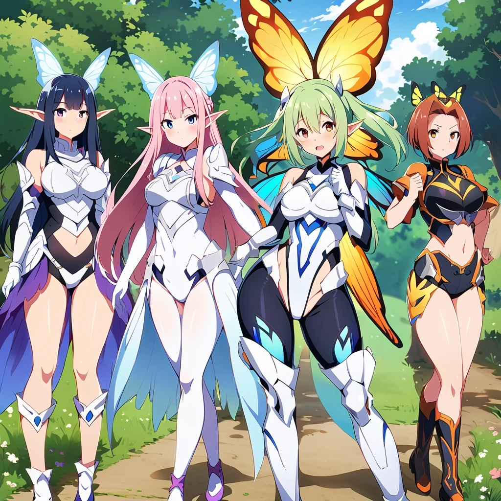 Anime, fairy girls, elf's ears, butterfly's wings, body-armor, detailed body-armors, curvy body, multiple girls,  girls surrounding