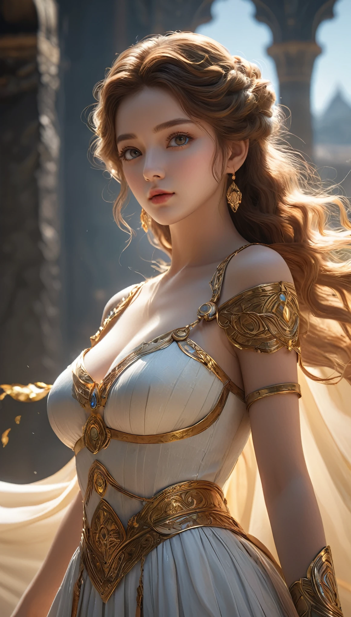 Race ：Anglo-Saxon，Full body shot，Masterpieces，masterpiece，8k， HD quality，CG，CG character style ，Super realistic anime style，3d modeling realism 0.8，Full body shot，Photographed the golden ratio of the thighs ， golden ratio body ， long legs，Big eyes，Real 0 .8，skirt，Short sleeve，，The picture is somewhere between reality and animation, Trending in CGSTATION, Perfect Girl,, role play,，Aesthetic style， Delicate picture quality ， Very beautiful ，Extreme details，The screen is clear and beautiful，The eyes are very bright，Cute face,  realistic skin ,  dramatic lighting , Super realistic, wallpaper,  intricate,  clear focus, Ray Tracing, RTX,  professional color grading , Professional Photography, masterpiece,  super detailed , High quality,  best quality, 4K, 8k , Skin Indentation, Fascinating light，Ancient fashion ， Inside the world of Western mythology，Full figure， in a mythical world，The picture is dark ， has a nice light on the character，Huge breasts，The cold 