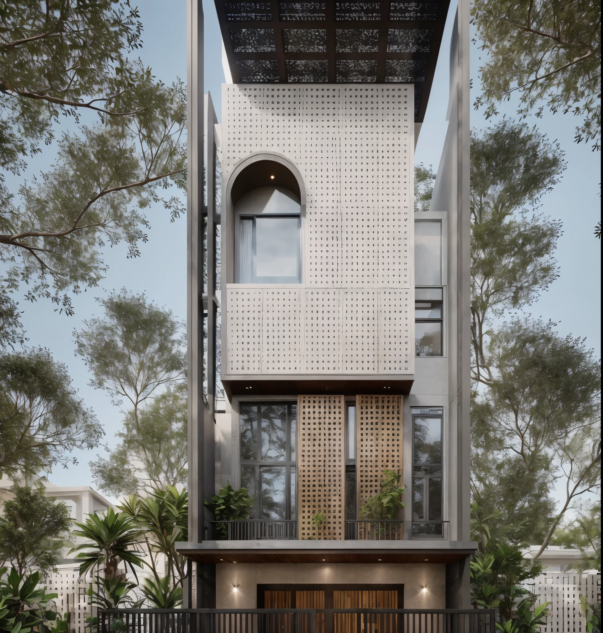 Townhouse in city, (sharp focus) front view of townhouse in style of modern, Vietnamese architecture, east asian architecture, town, blue sky, daylight, warm light, warm atmosphere, high Resolution, 8k, hdr, vray render, hyper realistic, ultra detail, hyper detailed, exterior design  professional photography, exterior photography, wide-angle shot, real world location, road sign, cityscape, pavement, (brown wooden ceilings, ceiling light, glass bancony, the front wall of the ground floor is made by black granite), (bancony have many trees, plans, ivy, palm)