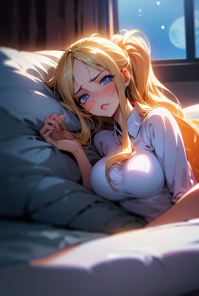 1 girl,  long hair ,  High resolution , breasts, Rice, blue eyes,  Fringe between the eyes, Backlighting, Necessary, HD model, Blonde hair, shiny hair,  Split Fringe, Light blush,  red lips , Sparkling eyes, shy, Vanishing point, brilliance, silhouette, Scanlines, ANIME STYLE, anime, Illustration, excited, one piece, wavy hair, Alone, messy hair, Textured skin, sleeping, lying on the bed, covered by blanket , dreaming, saliva, drooling, eyes closed, saliva line,  lying on the pillow, moonlight, window, night,  raised eyebrow , tired,  Anatomically correct 