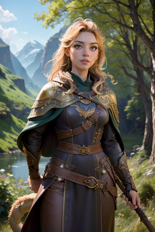 (best quality,4k,8k,highres,masterpiece:1.2),ultra-detailed,(realistic,photorealistic,photo-realistic:1.37),long, wavy blonde hair, strikingly beautiful face with bright blue eyes, delicate eyebrows, high cheekbones, button nose, full and rosy lips, slender and athletic built, wearing a Viking-inspired outfit with a leather vest, fur-lined cape, and a long skirt, holding a dragon-themed staff with intricate carvings, standing confidently with one foot forward and a determined expression, surrounded by a stunning landscape of lush green meadows, towering mountains, and a clear blue sky, sunlight casting a warm golden glow on Astrid and the surroundings, capturing the adventurous spirit and strength of Astrid as she looks towards the horizon, ready to embark on a new dragon-training journey.